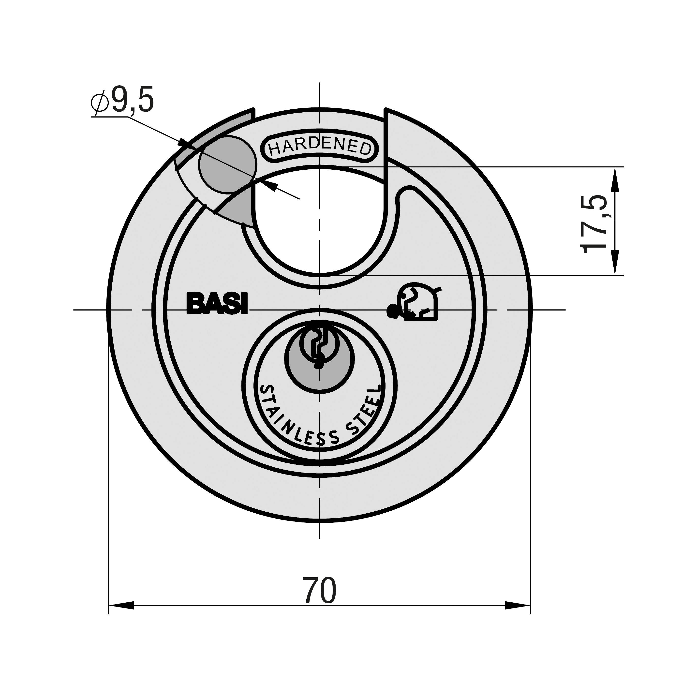 Okrągła kłódka ze stali nierdzewnej, o podanych wymiarach 70 mm szerokości i 17,5 mm wysokości, marka BASI.
