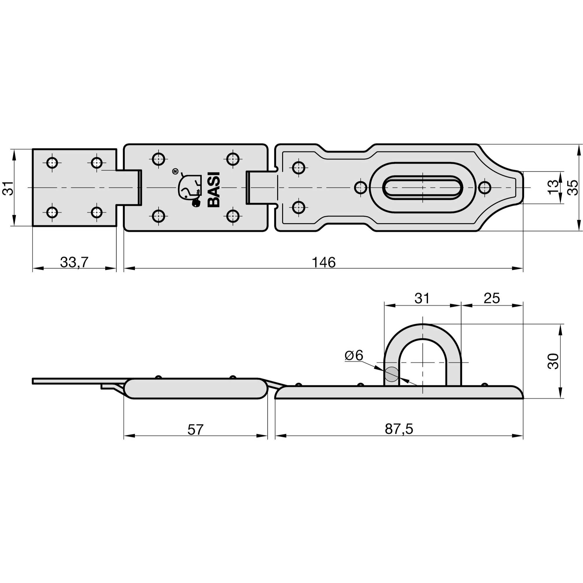 Rysunek techniczny zamka zasuwowego z wymiarami, o całkowitej długości 146 mm, przedstawiający szczegółowy widok mocowania i otworu.