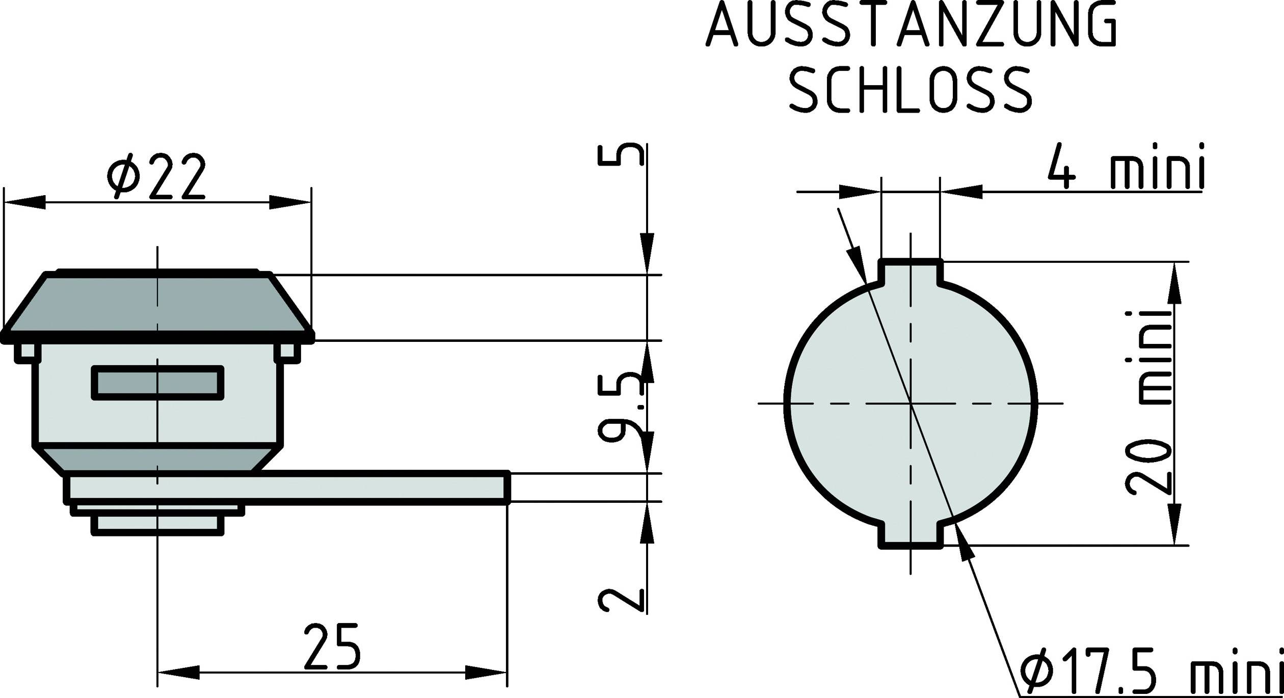 Rysunek techniczny zamka z wymiarami: szerokość 22 mm, wysokość 9,5 mm, głębokość 4 mm. Wycięcie montażowe Ø17,5 mm.