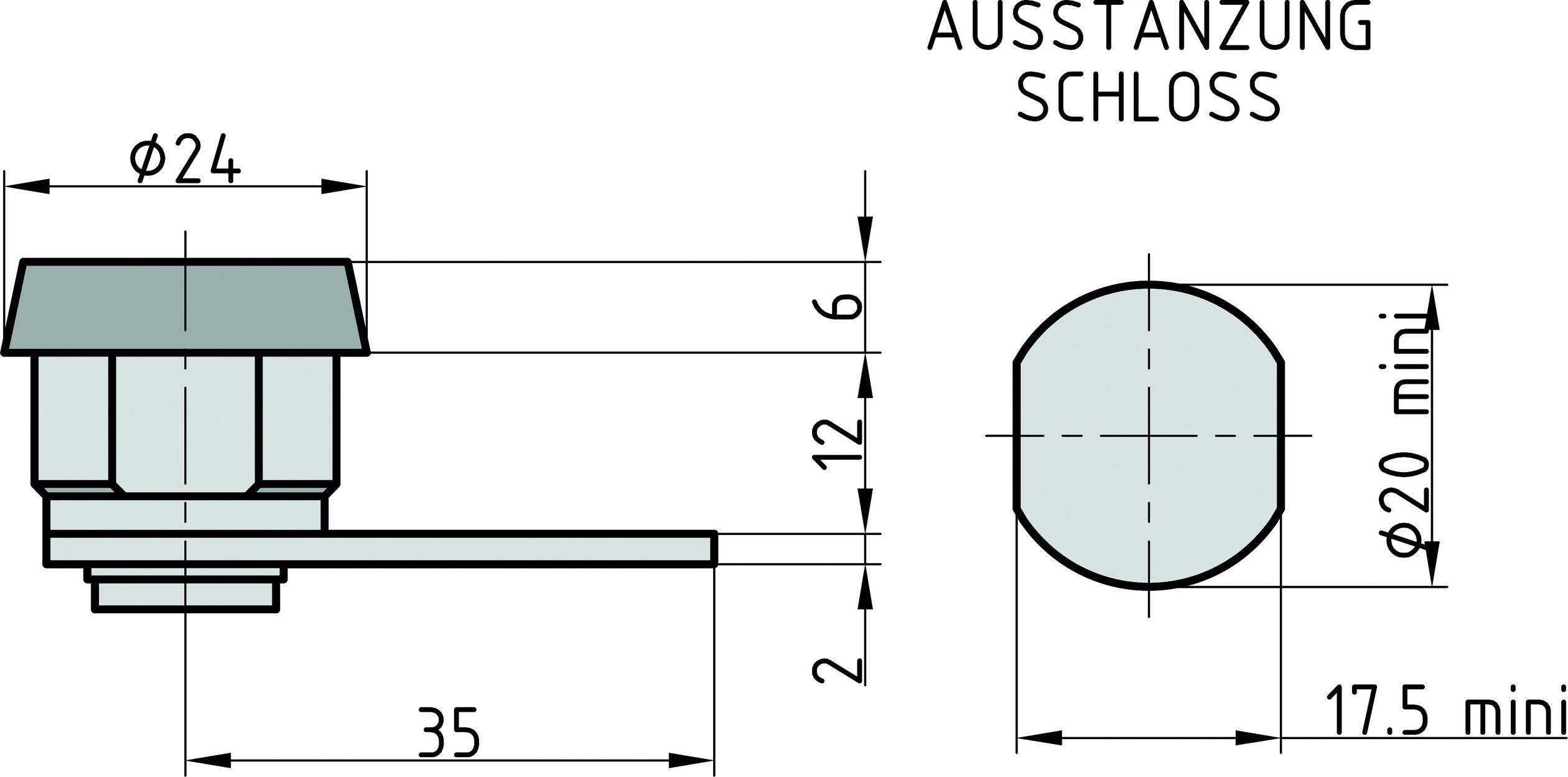 Rysunek techniczny zamka: Widok z boku przedstawia wymiary o średnicy 24 mm, całkowita szerokość 35 mm. Widok z góry prezentuje wycięcie.