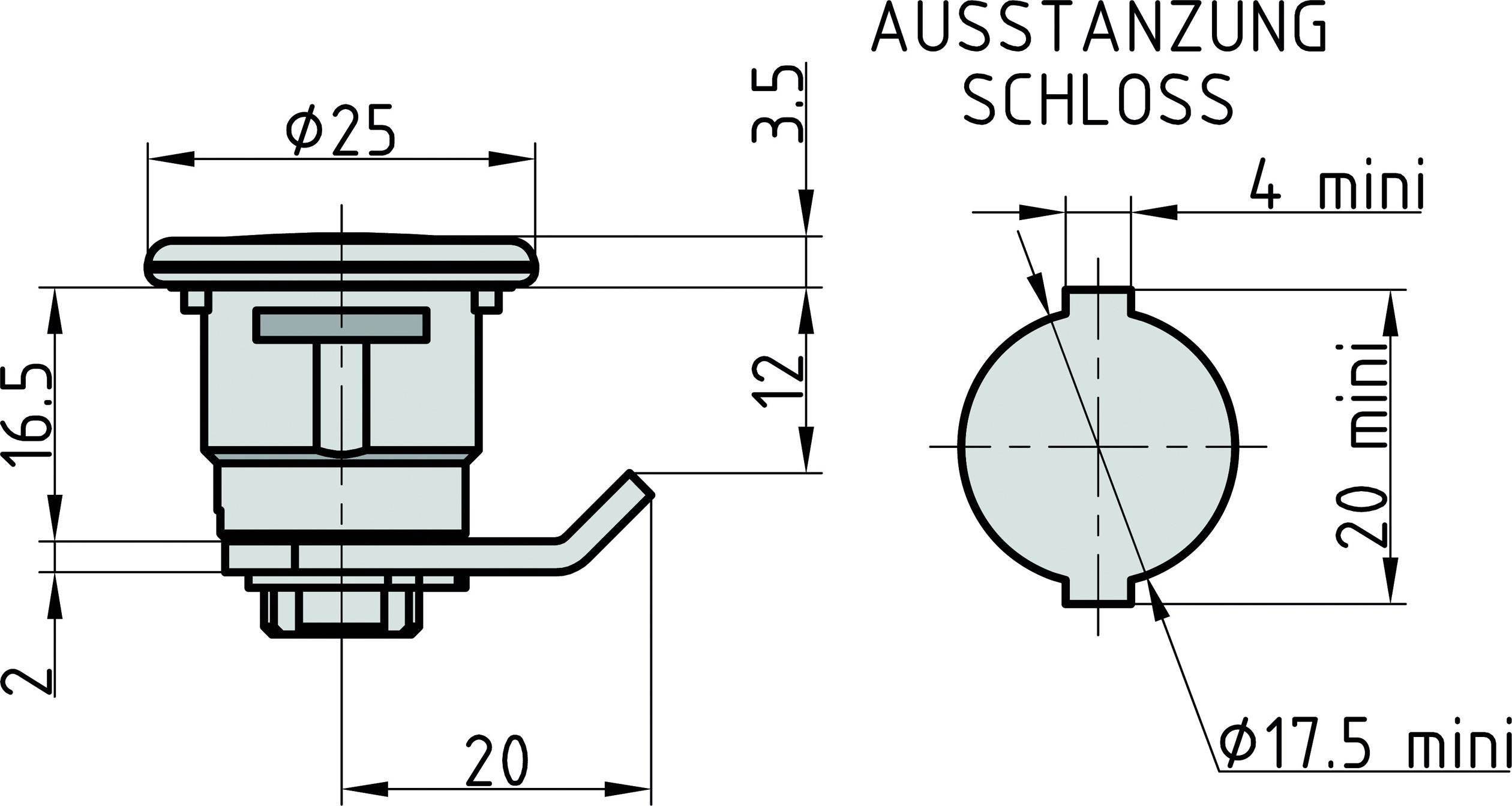 Rysunek zamka z wymiarami: Ø25 mm, wysokość 20 mm, otwór montażowy Ø18 mm, wycięcie Ø20 mm, położenie 3 mm nad podłożem.