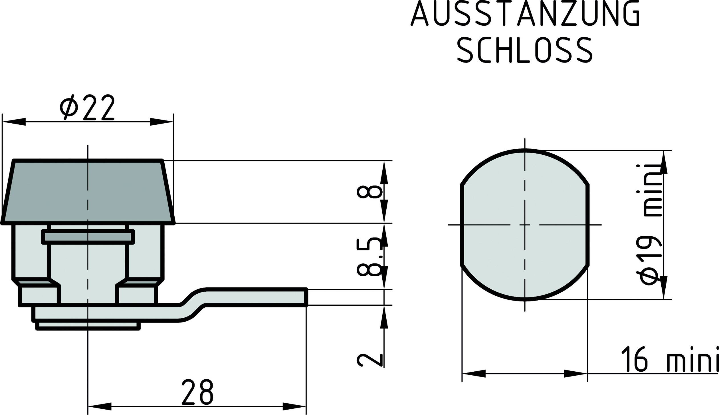 'Rysunek techniczny złącza przełącznika z wymiarami: ø22 mm, głębokość 6,5 mm, całkowita długość 28 mm. Średnica otworu trzpienia ø15,5 mm.'