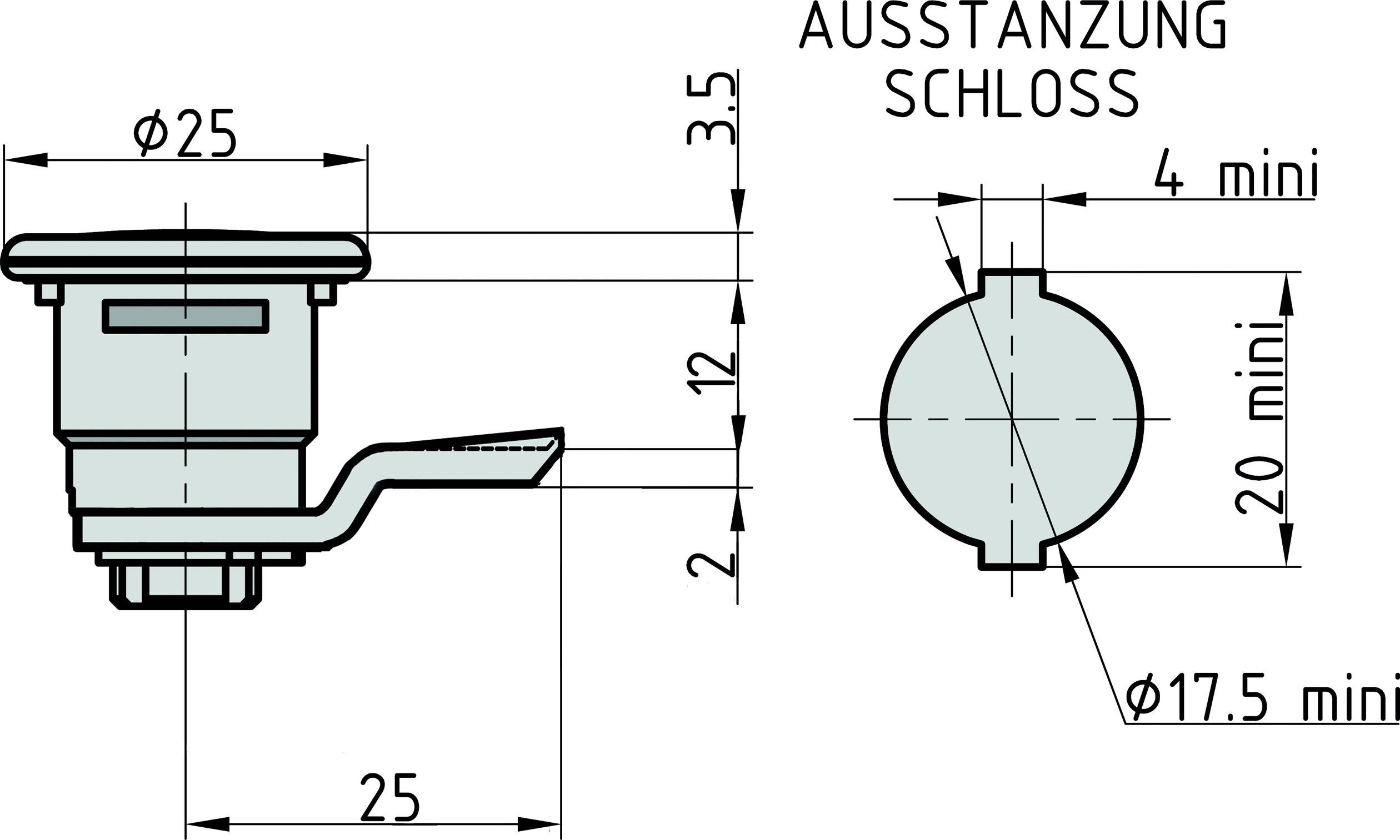 Rysunek techniczny zamka z wymiarami: Średnica 25, Całkowita szerokość 25, Wycięcie 20. Tekst: 'Wycięcie zamka'.