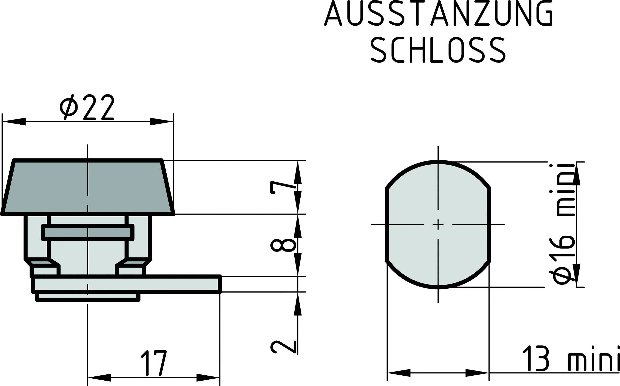 Rysunek techniczny zamka z wycięciem. Wymiary: średnica 22 mm, otwór 16 mm, szerokość 28,5 mm, wysokość 2 mm.