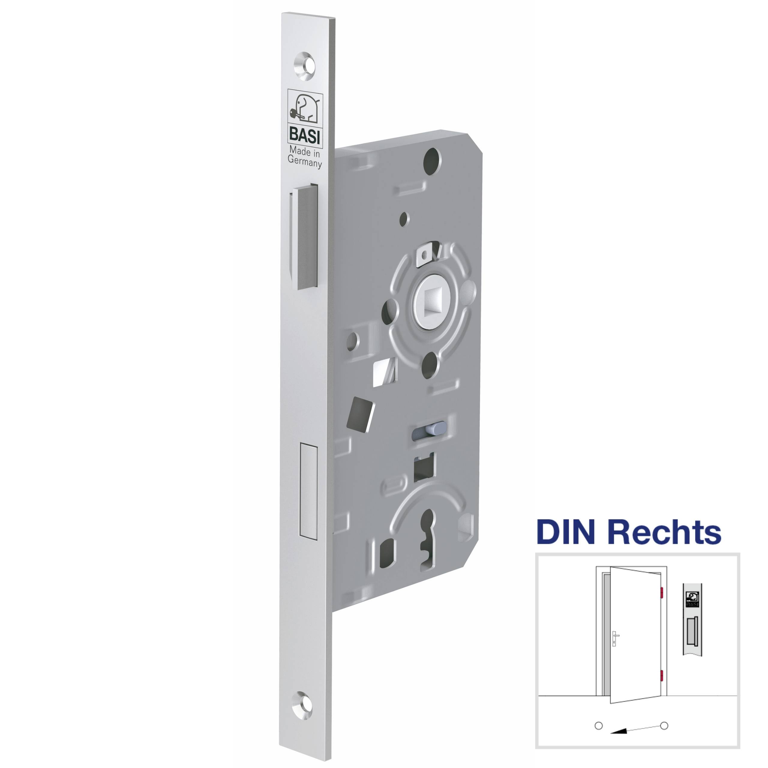 Prostokątny zamek wpuszczany z napisem 'BASI' na przedniej stronie. Posiada różne otwory dla mechanizmów ryglujących. W prawym dolnym rogu znajduje się szkic z napisem 'DIN Prawy'.