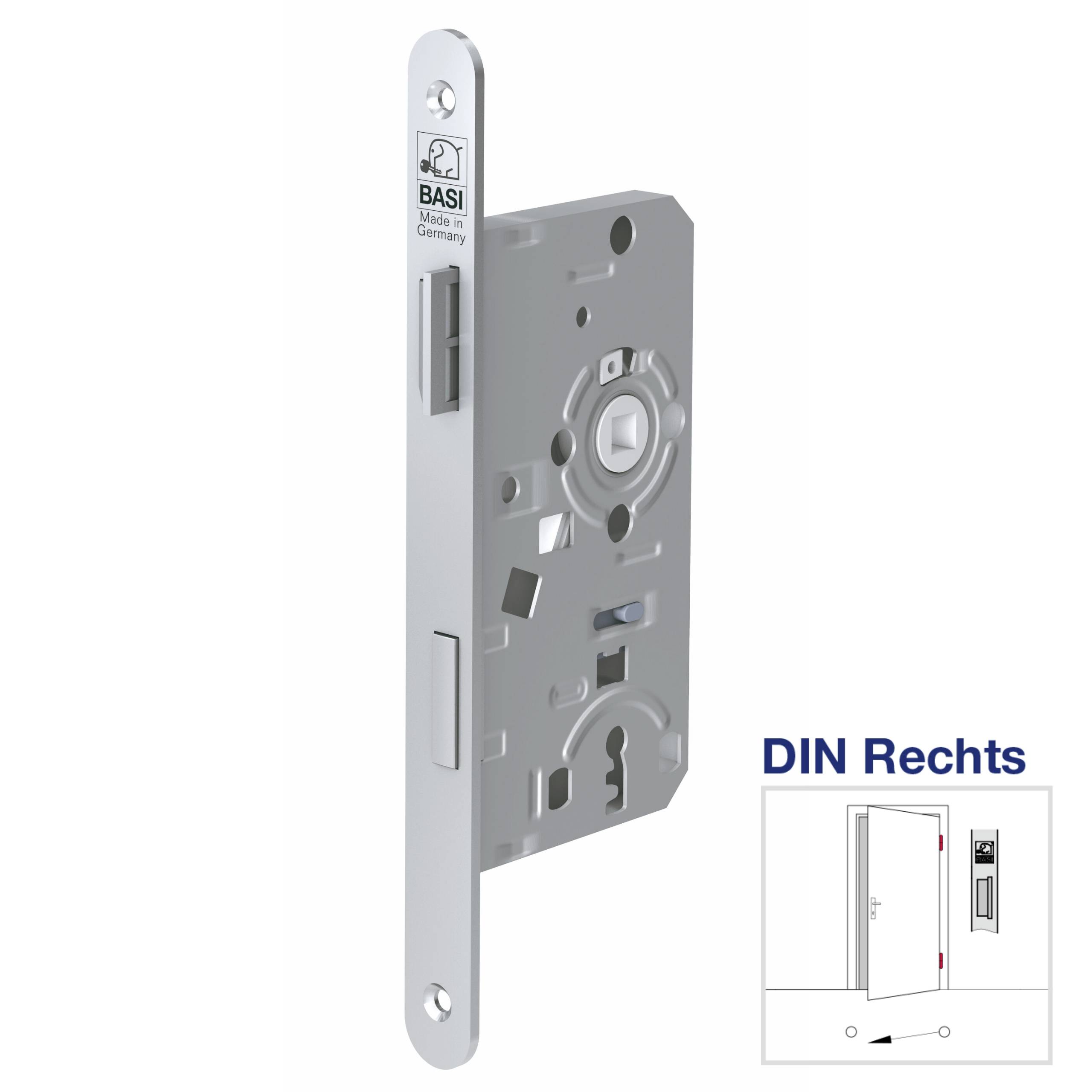 Zamek wpuszczany, srebrny, do drzwi prawych zgodnych z normą DIN, z ilustracją odpowiedniego sposobu otwierania drzwi w prawym dolnym rogu.