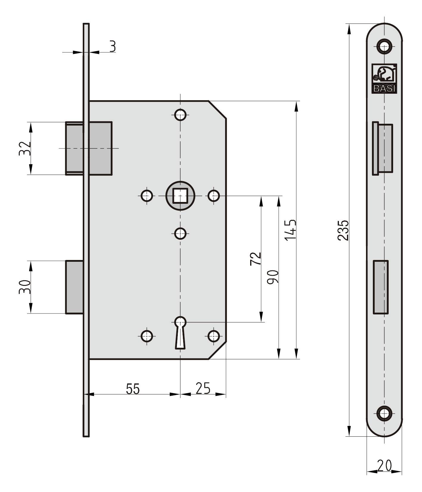 Rysunek techniczny zamka drzwiowego z wymiarami: szerokość 20 mm, wysokość 235 mm. Przedstawiono widok z przodu, z boku oraz otwory montażowe.