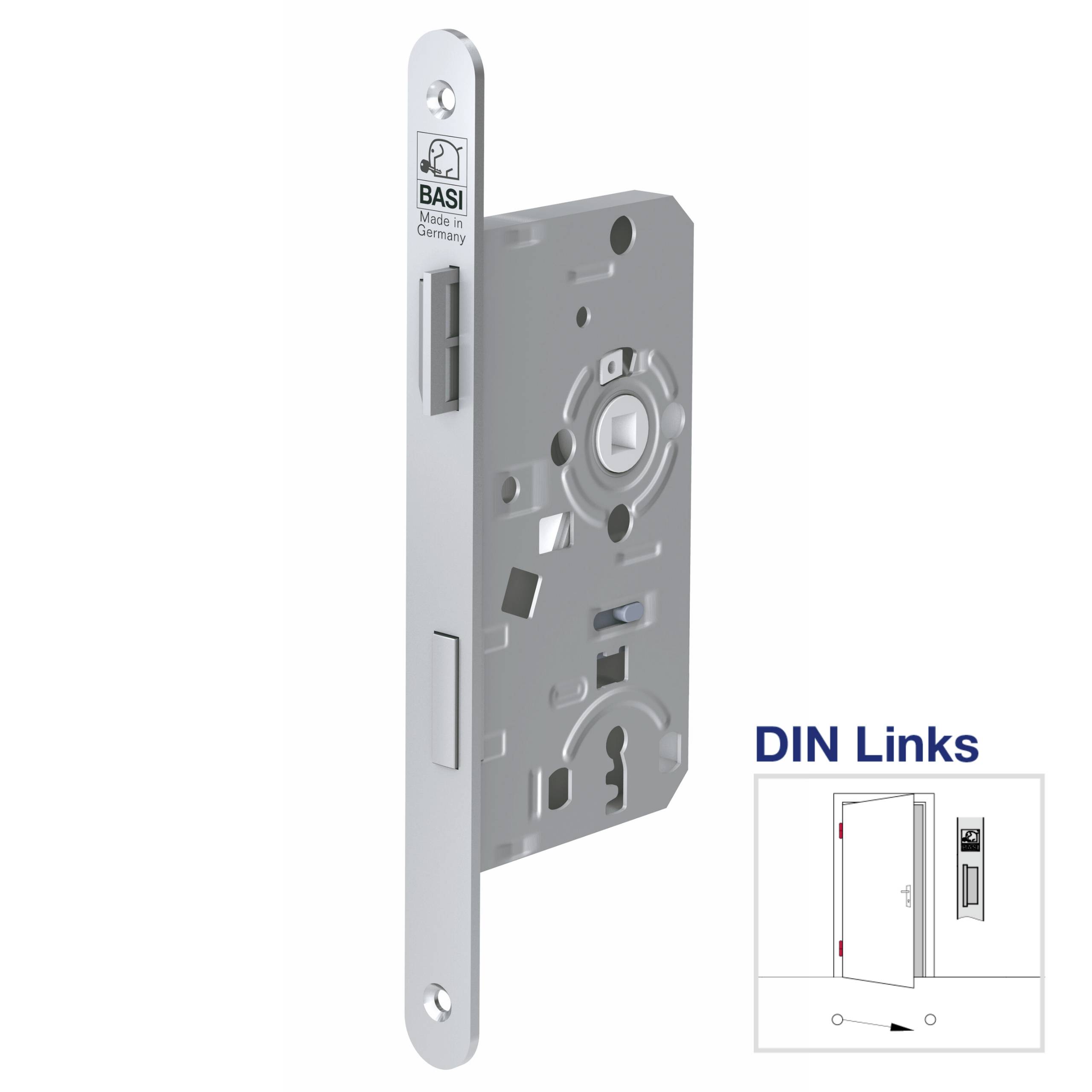 Zamek do drzwi z napisem 'BASI Germany'. Zamek jest wykonany w wersji lewej zgodnie z normą DIN, co wskazuje mała diagramowa ilustracja.