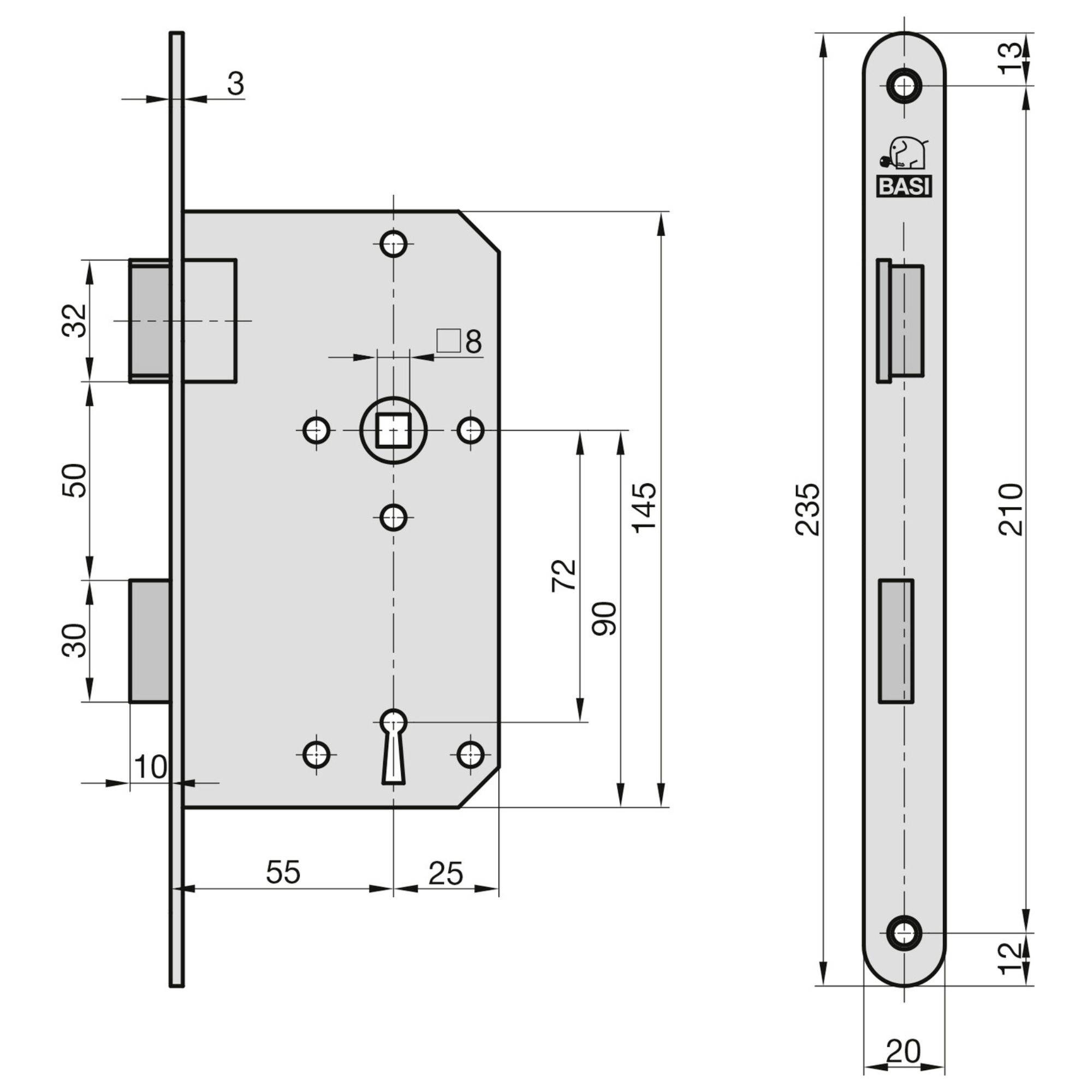 Rysunek techniczny mechanizmu zamykającego z wymiarami w milimetrach. Przedstawia szczegóły obudowy, otworu na klucz i mechanizmu zamykającego.