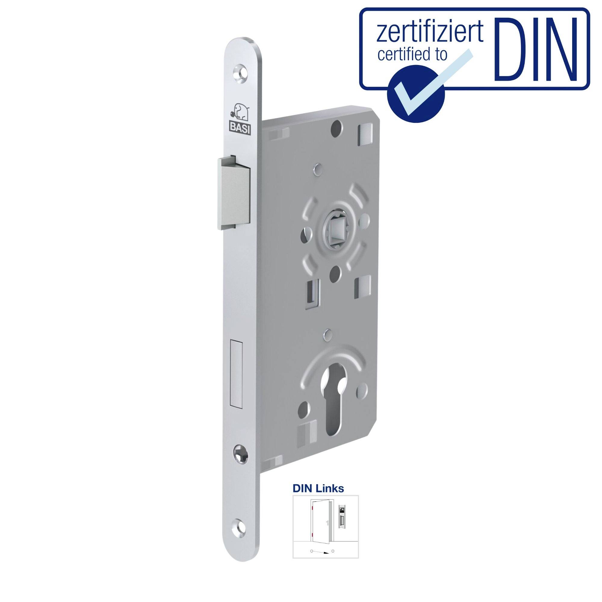 Zamek do drzwi z certyfikatem DIN i pokazanym wymiarowaniem. Zamek jest koloru srebrnego i nosi logo "BASI".
