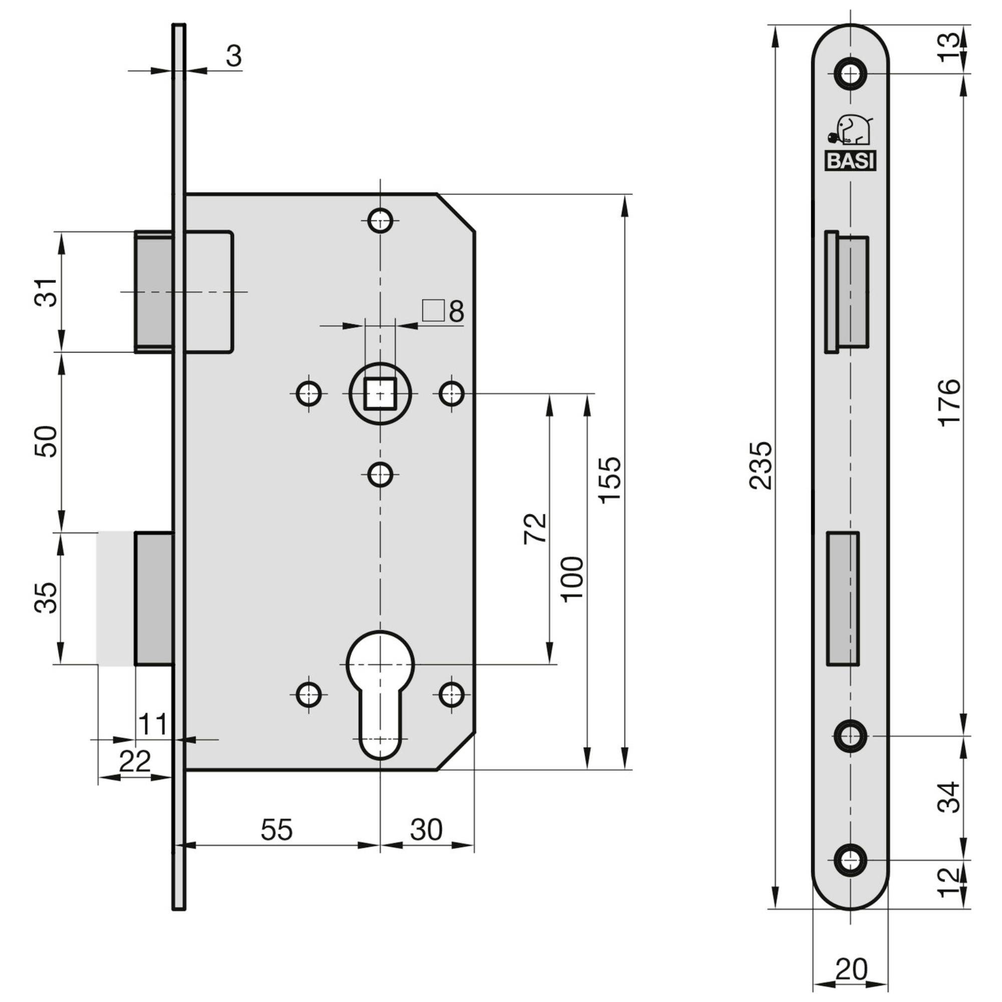 Diagram techniczny zamka BASI na trzpień z wymiarami. Widoki z przodu i z boku pokazują wymiary: wysokość 235mm, szerokość 20mm, długość płytki zamka 100mm.