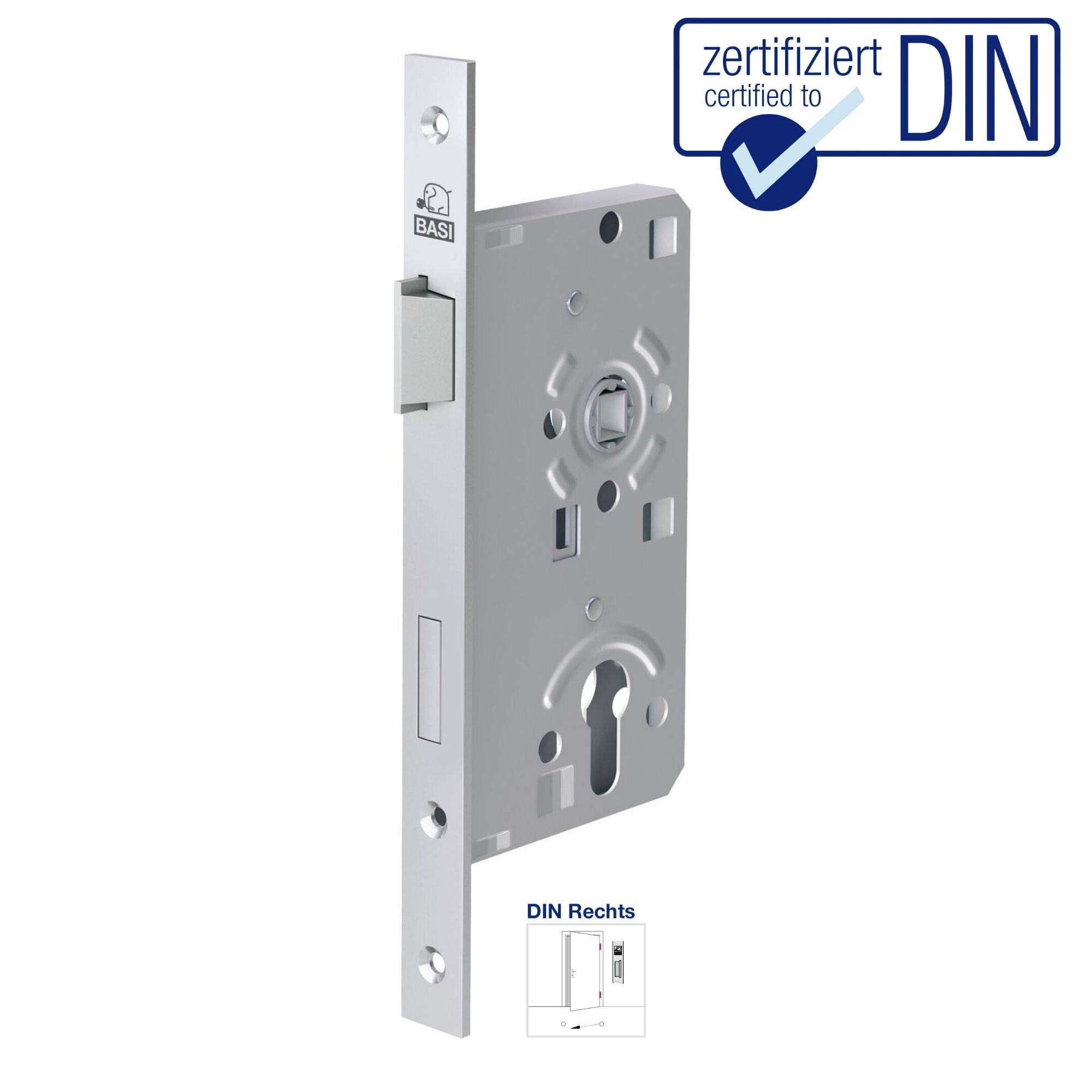 Zamek wpustowy z metalu, przeznaczony dla drzwi DIN-Prawe, z pieczęcią certyfikacyjną w rogu.