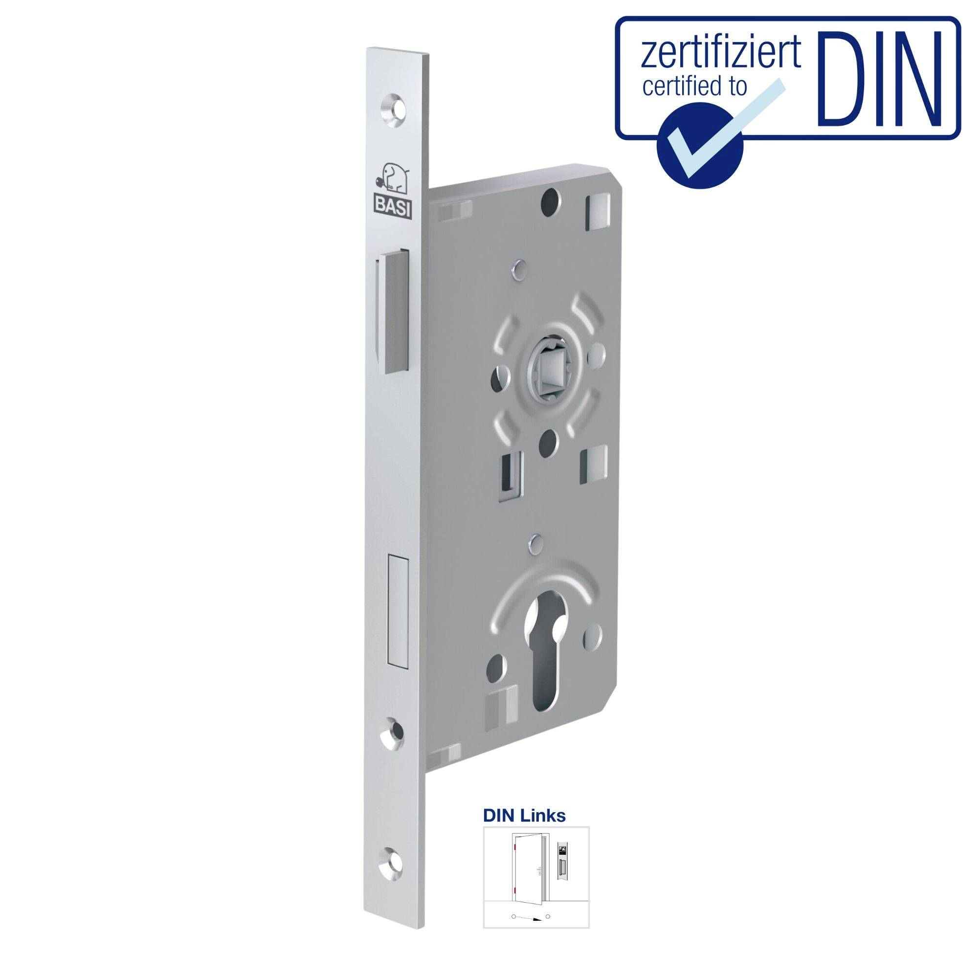 Zamek do drzwi certyfikowany według normy DIN z prostokątną metalową płytką i cylindrycznym mechanizmem zamykającym widocznym z boku.