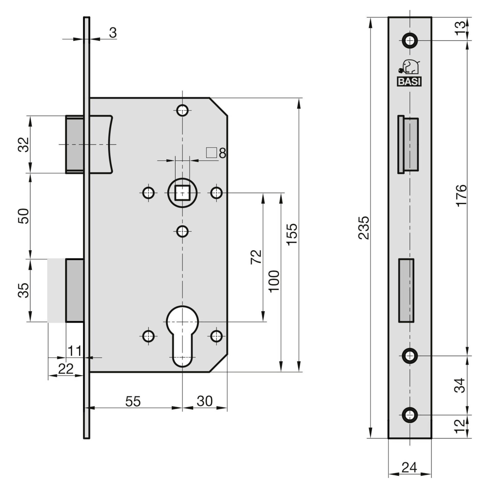 Diagram techniczny mechanizmu zamka z widokami z przodu i z boku, pokazujący wymiary w milimetrach. Zawiera otwór na klucz i dwie sekcje zasuwy.