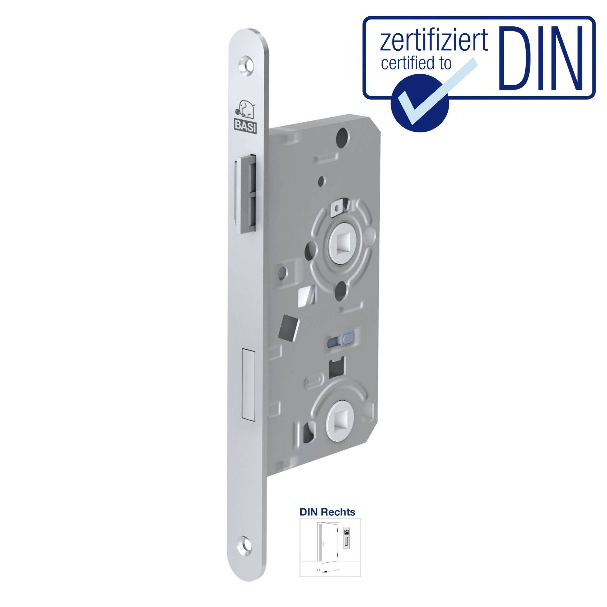 Zamek cylindryczny z certyfikacyjnym pieczęcią DIN, w kolorze srebrnym, przeznaczony do zawiasów drzwi po prawej stronie, pokazujący wewnętrzne mechanizmy.