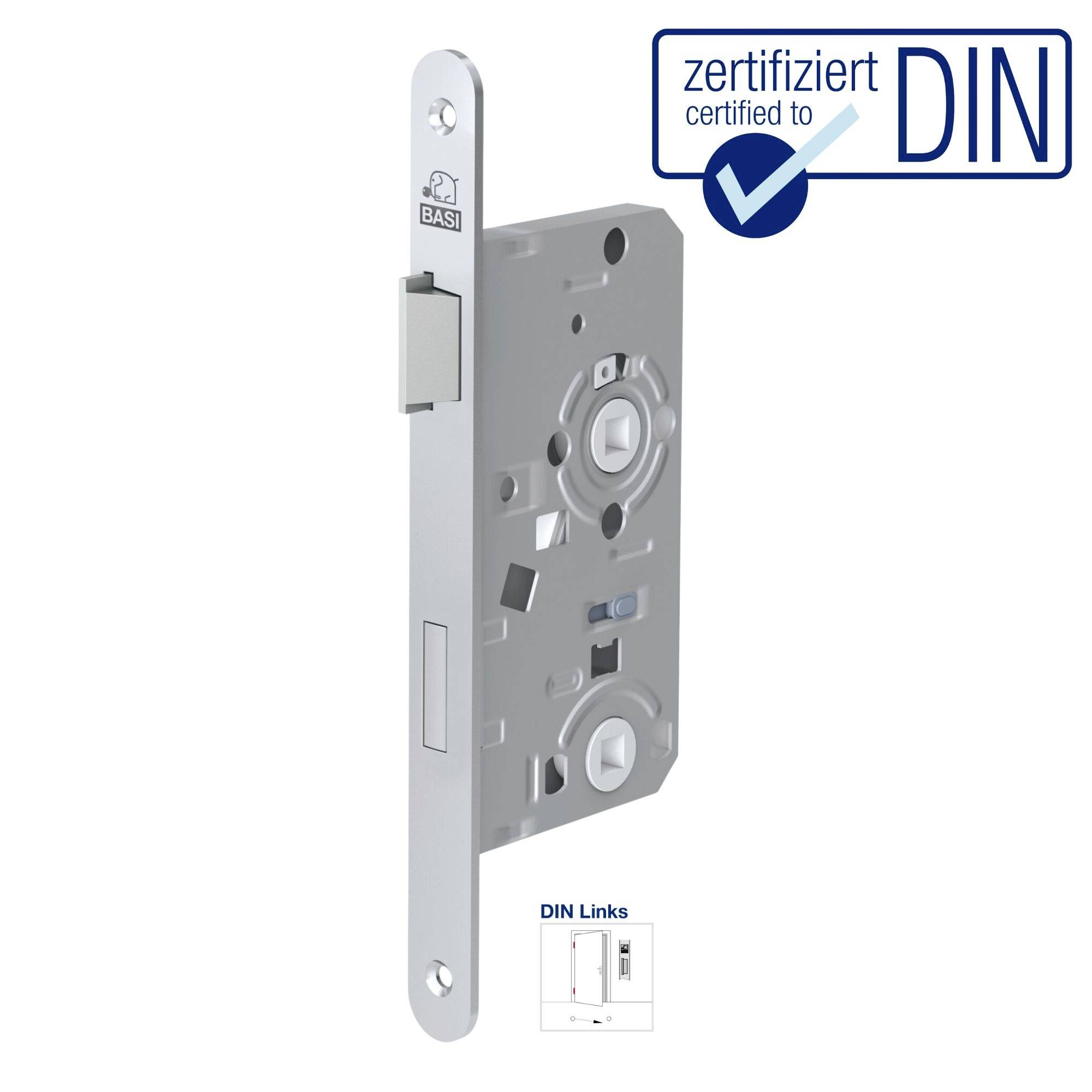 Zamek drzwiowy Basi z certyfikacją DIN. Zdjęcie pokazuje srebrny zamek z widocznym mechanizmem. W prawym górnym rogu logo DIN.