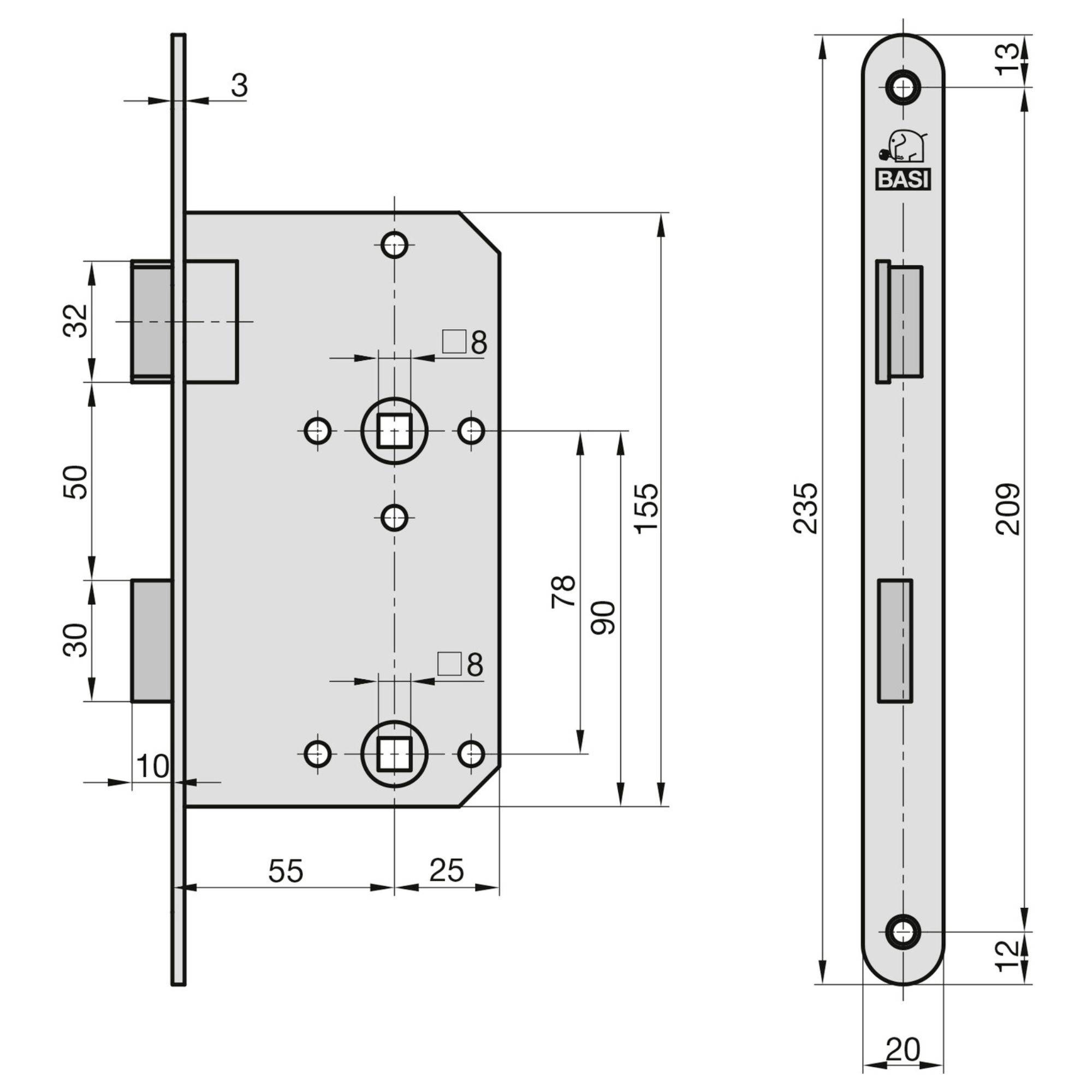 Rysunek techniczny mechanizmu zamka drzwiowego z wymiarami podanymi w milimetrach, przedstawiający widoki z przodu i z boku, obejmujący umiejscowienie otworu na klucz i zatrzasku.