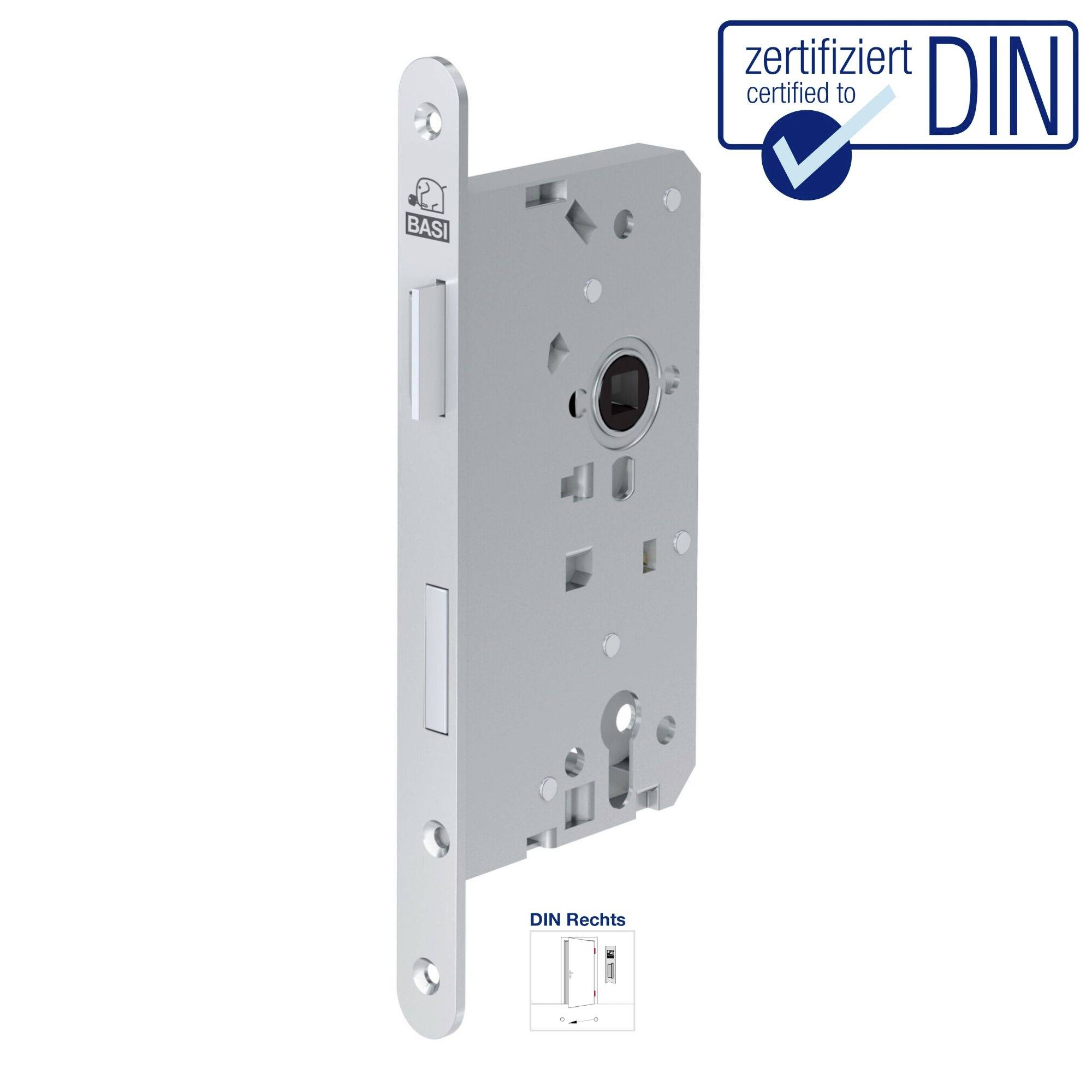 Mechanizm blokujący z certyfikacją DIN, wersja prawa, kolor srebrny. Logo firmy „BASI" widoczne na przedniej stronie.