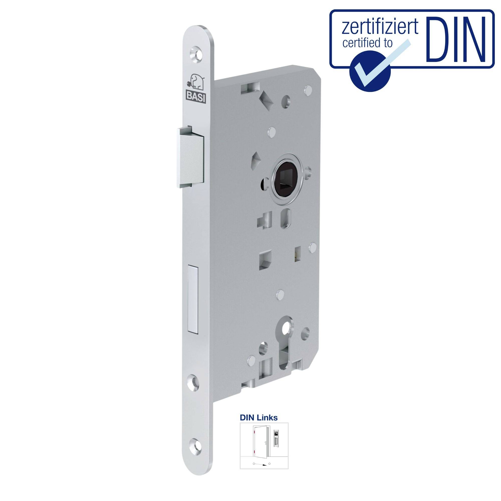 Zamek metalowy z certyfikatem, DIN-lewy. Marka zamka 'BASI' z niebieskim logo DIN w prawym górnym rogu.