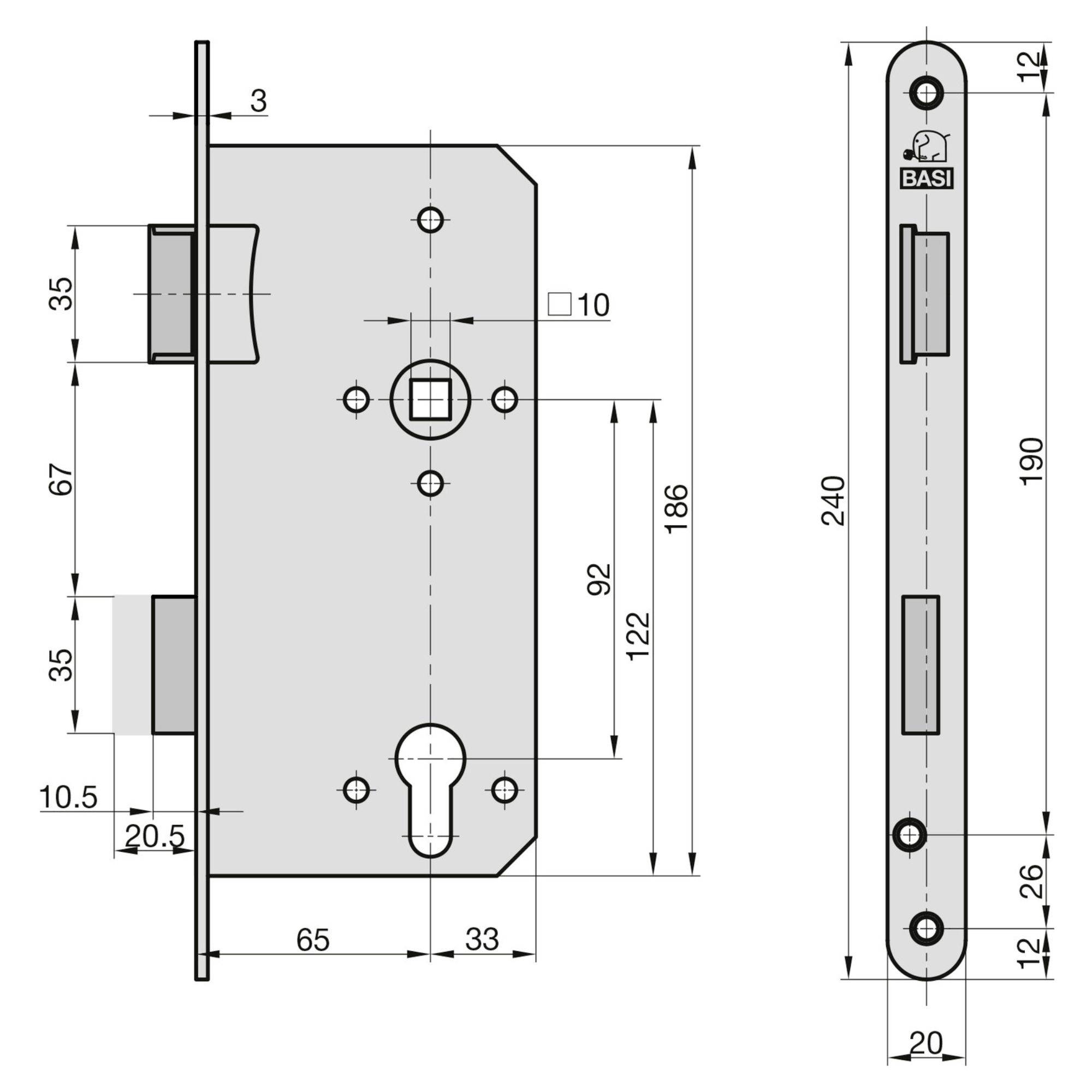 Mechanizm zatrzasku i zamka drzwiowego z wymiarami podanymi w milimetrach; zawiera widoki z boku i z przodu pokazujące umiejscowienie i skalę.