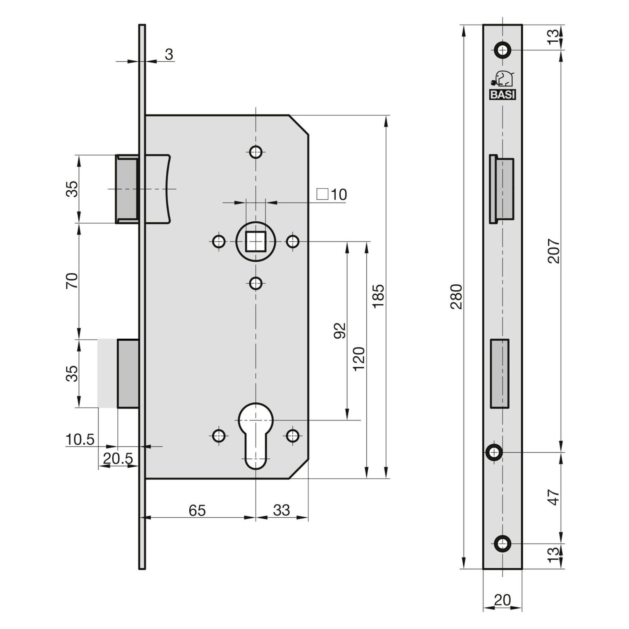 Rysunek techniczny zamka do drzwi z wymiarami: 280 mm długości, 65 mm szerokości, 35 mm wysokości, z otworami i wycięciem na klucz.
