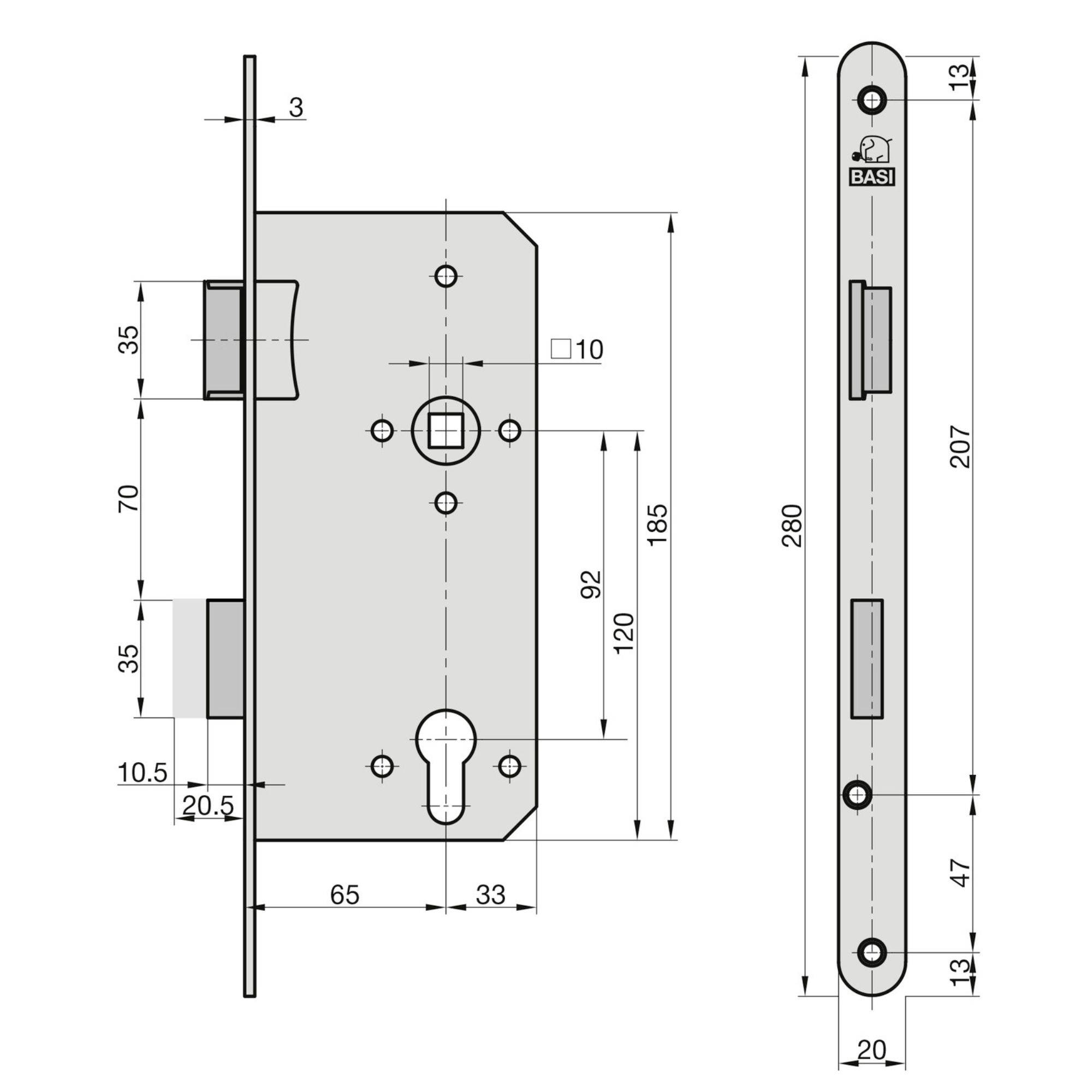 Rysunek techniczny skrzynki zamkowej, przedstawiający wymiary: wysokość 185 mm, szerokość 65 mm, głębokość 20 mm; z otworami i okuciami.