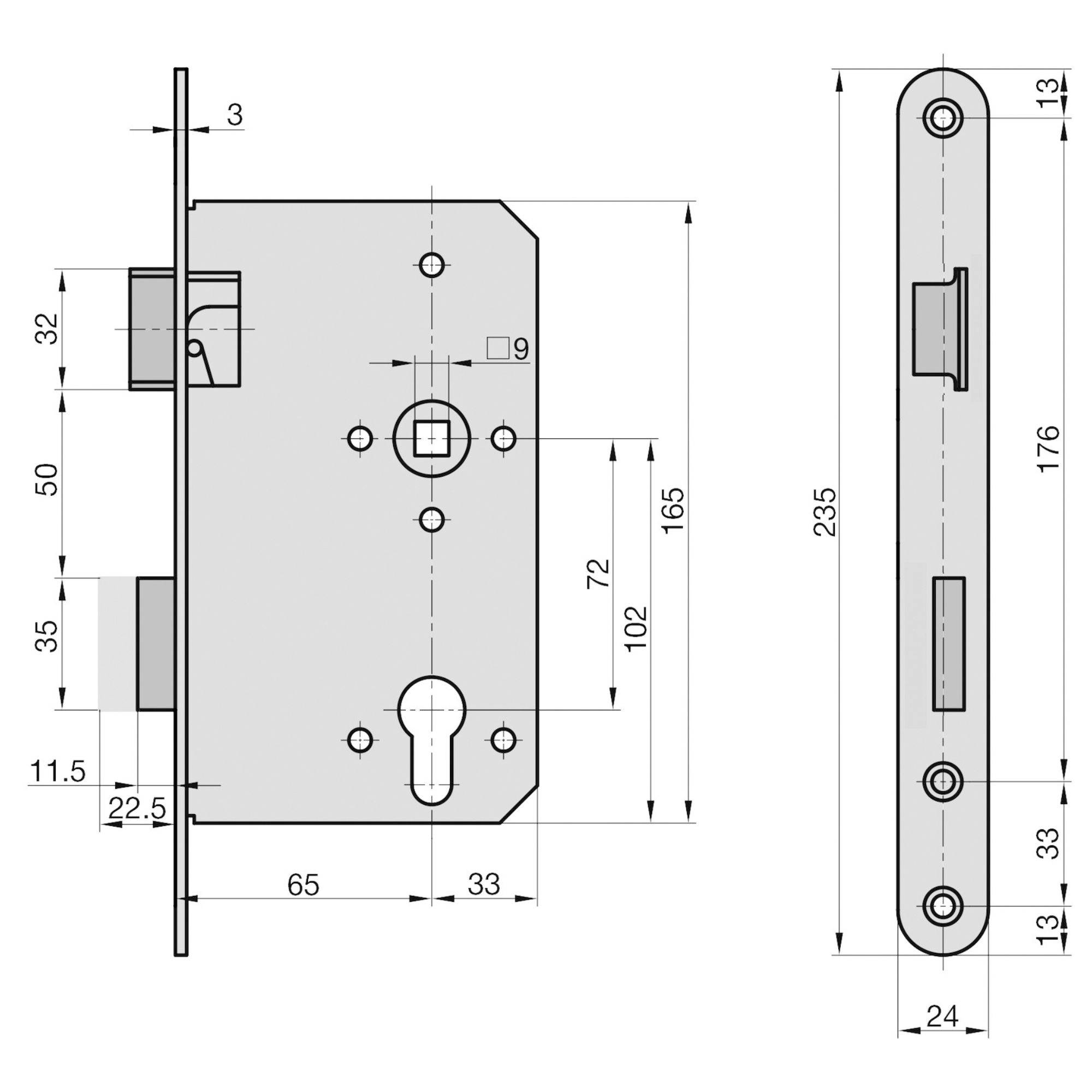 'Techniczny diagram mechanizmu zamka z wymiarami podanymi w milimetrach. Pokazuje widoki z przodu i z boku szczegółowo przedstawiające pozycje otworu na klucz i zatrzasku.'