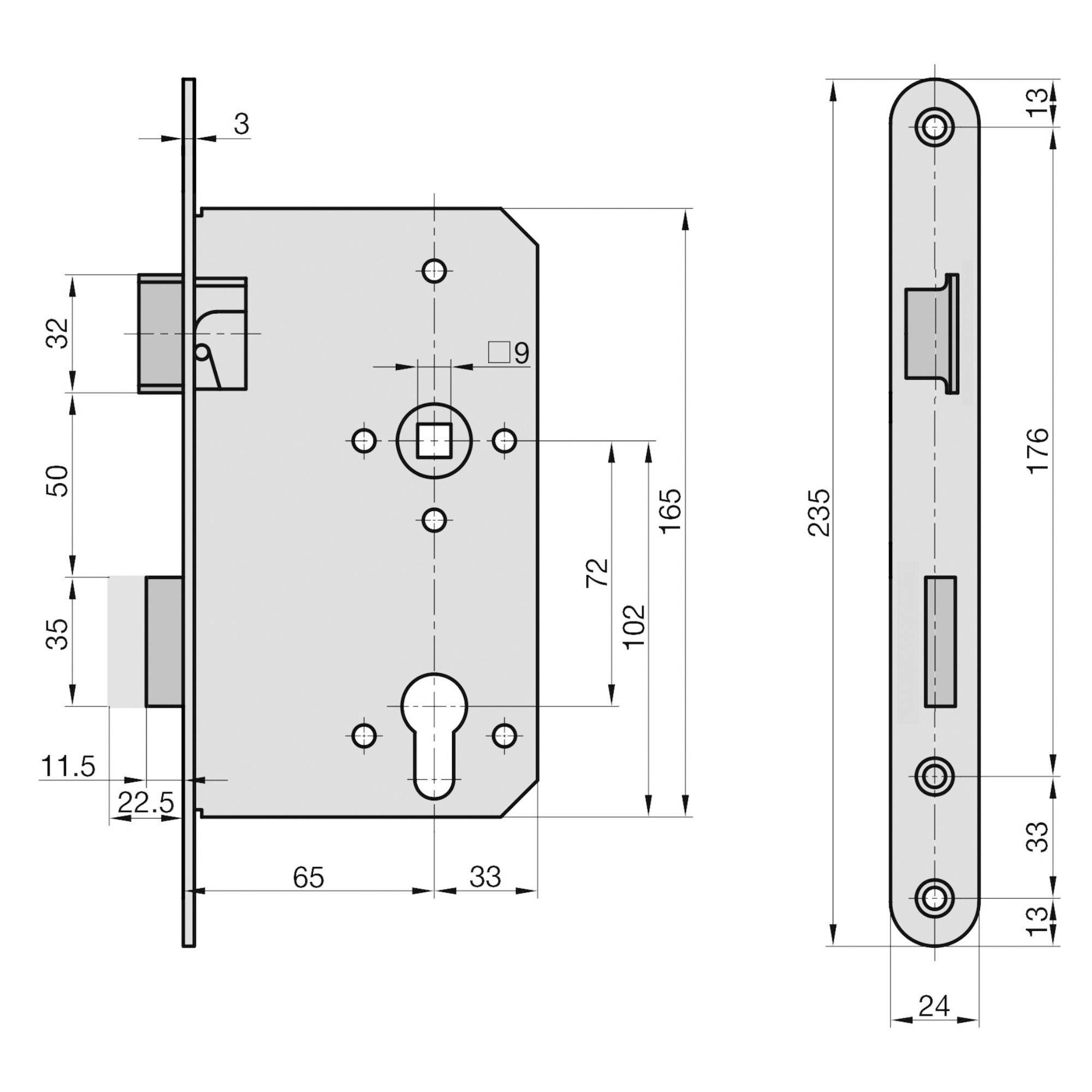 Rysunek techniczny zamka drzwiowego z wymiarami: szerokość 65 mm, wysokość 165 mm, rozstaw śrub 72 mm, szerokość zaczepu 24 mm.