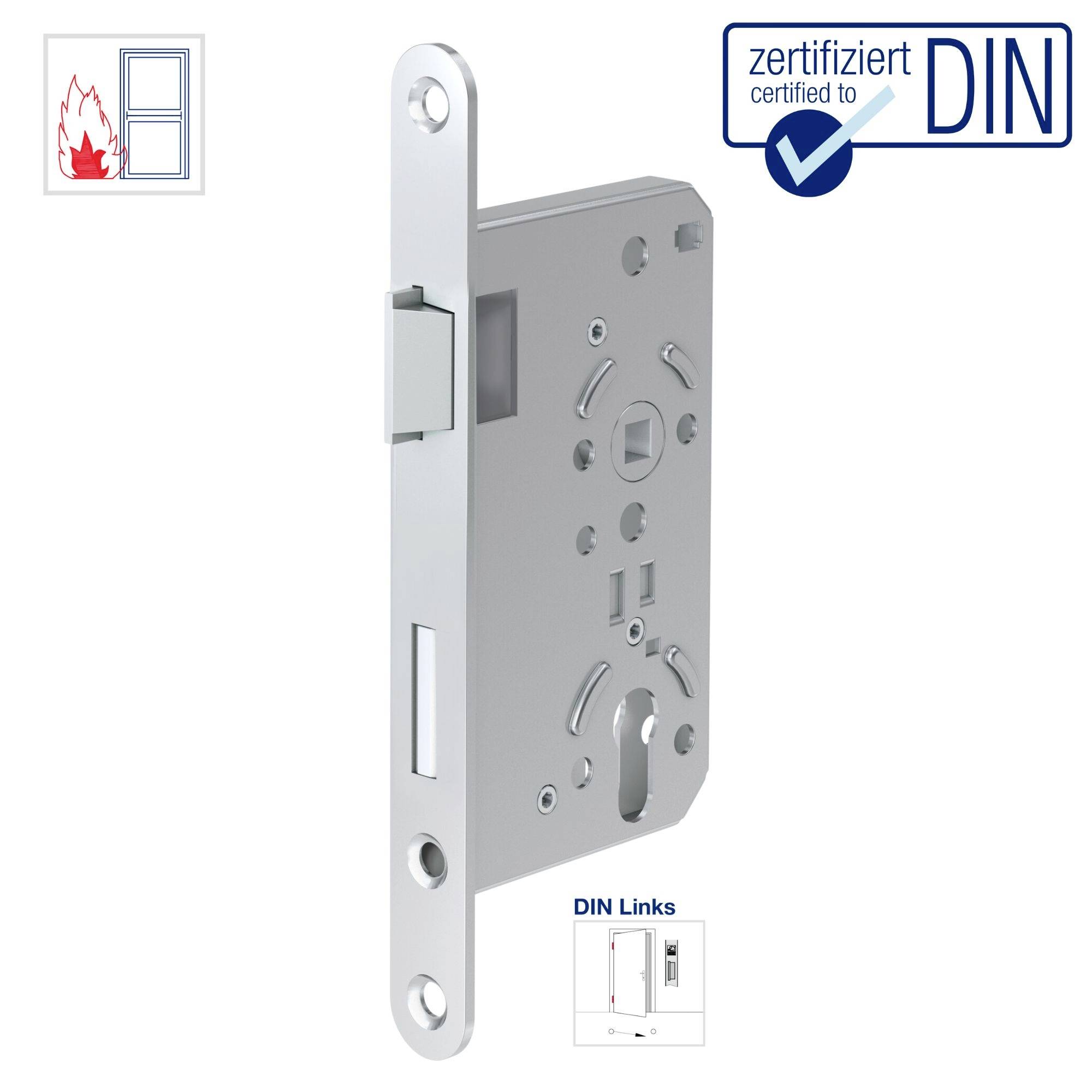 Zamek drzwiowy z certyfikatem DIN. Symbol oznaczający właściwość ognioodporną. Diagram pokazuje wymiary do instalacji lewostronnej.