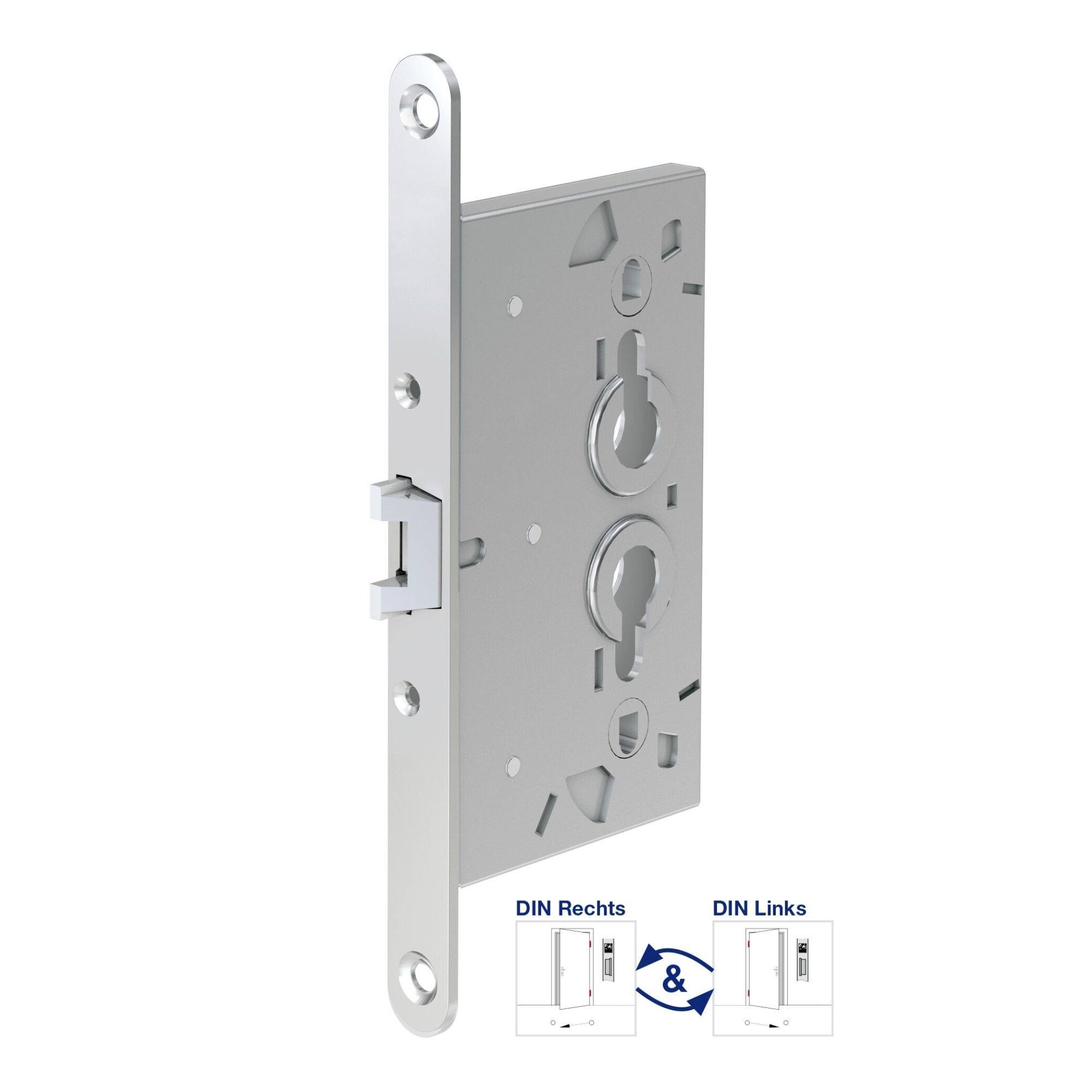 Metalowy zamek wstawny z wieloma wycięciami; wskazówki dotyczące DIN-prawo i DIN-lewo poniżej.