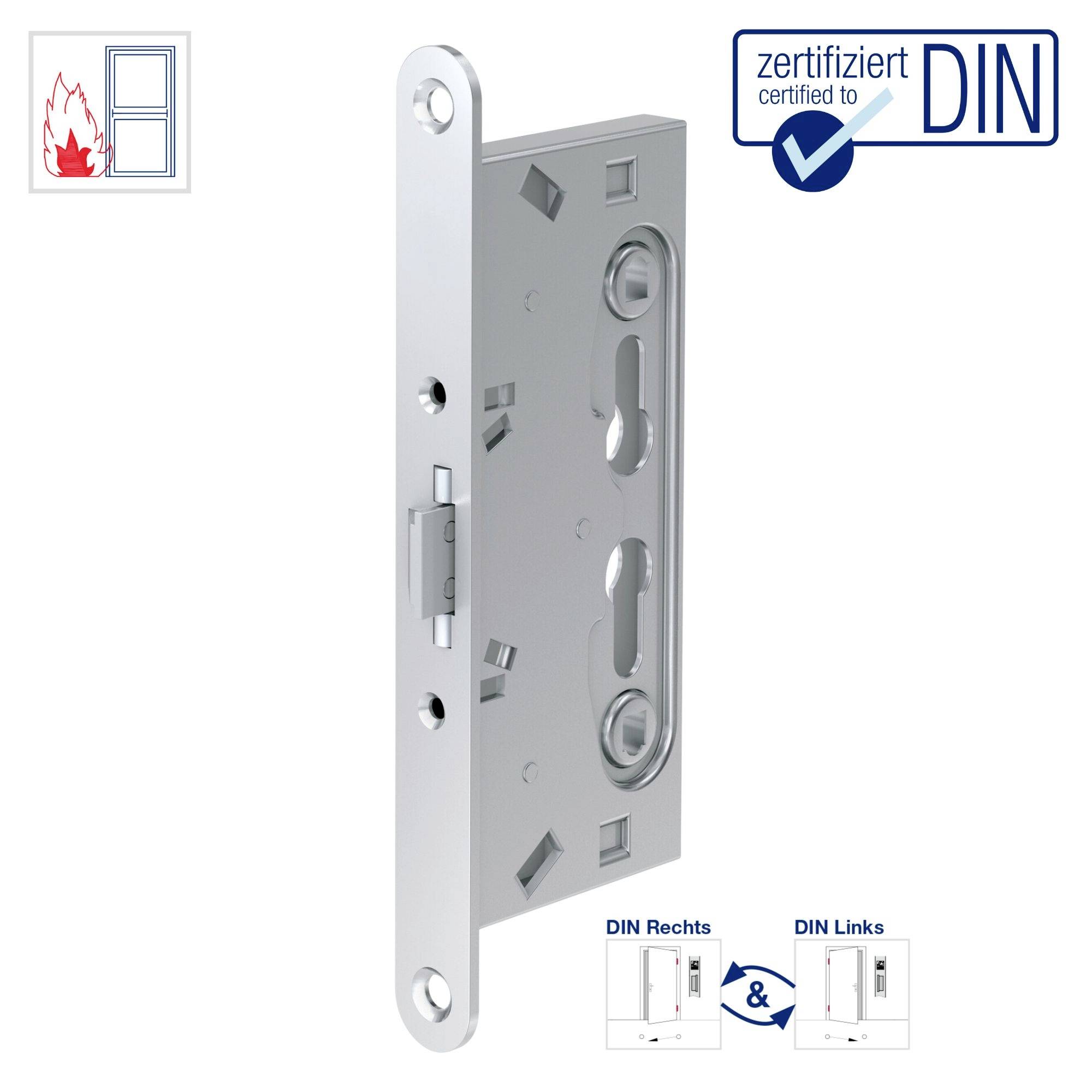 Srebrne zamki do drzwi z certyfikacją DIN. Widoczne są ikony ochrony przeciwpożarowej i kierunków montażu DIN-Prawo i DIN-Lewo.