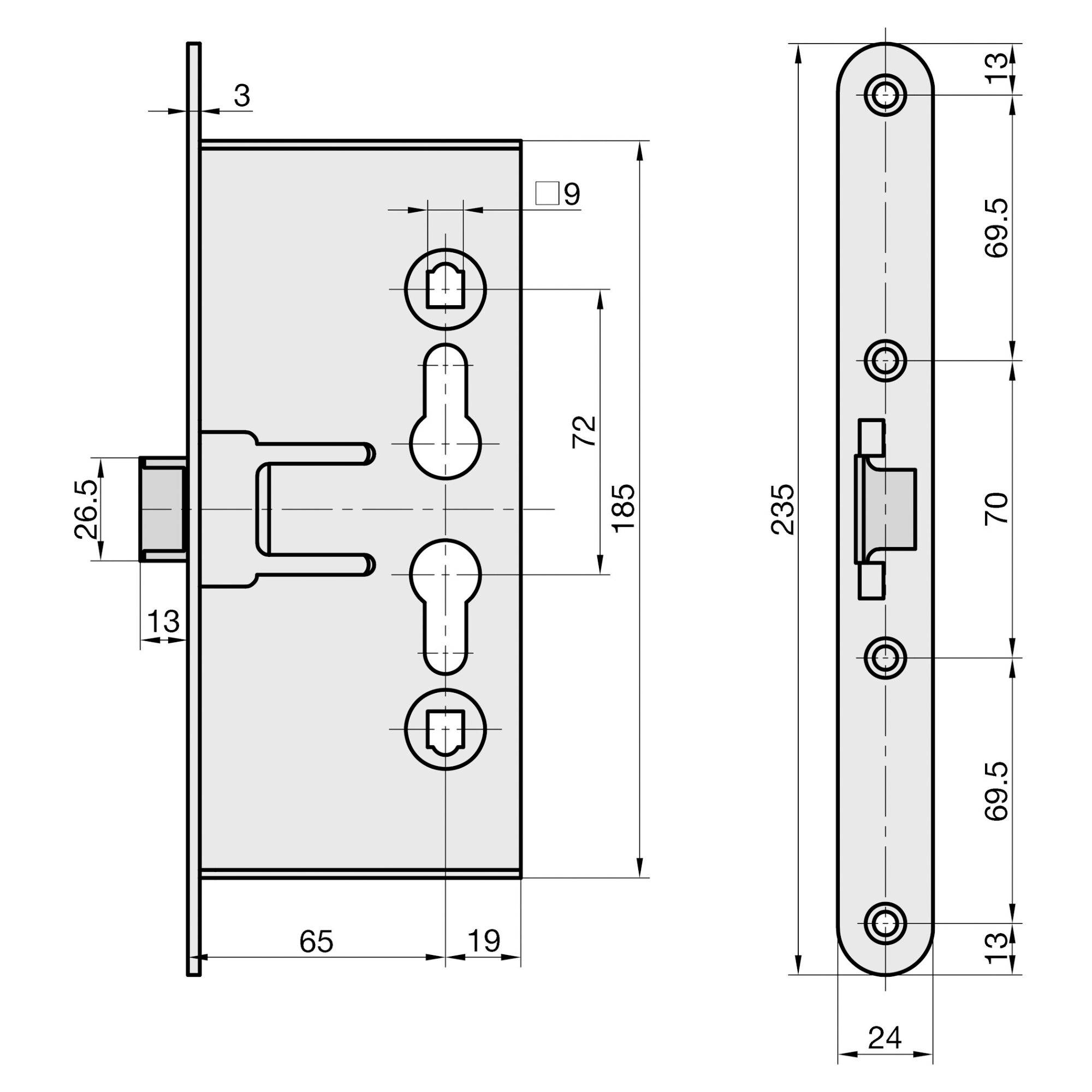 'Rysunek techniczny mechanizmu zamka drzwiowego z wymiarami. Widok z lewej strony pokazuje front zamka z wymiarami; widok z prawej strony pokazuje profil ze szczegółami rygla.'