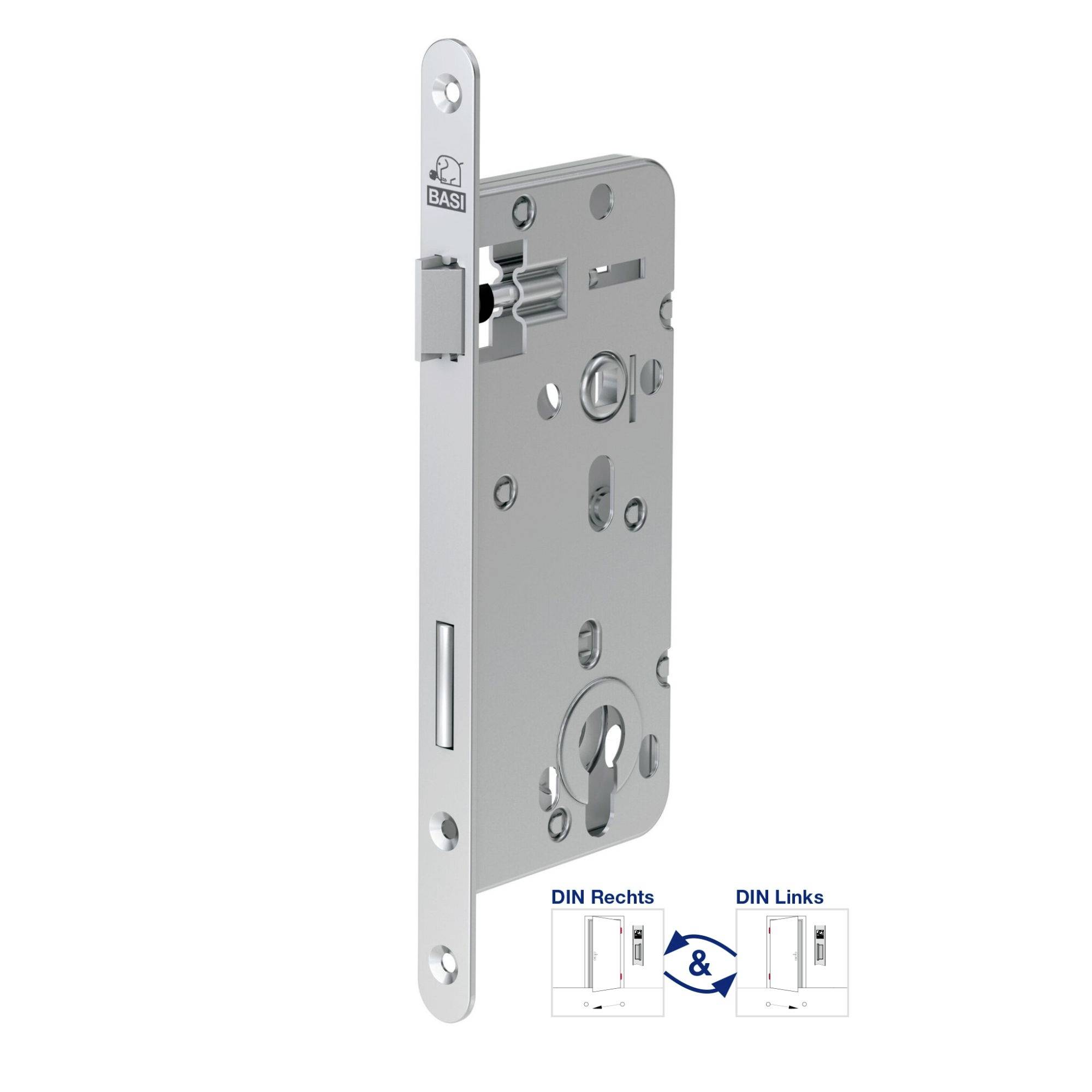 Mechanizm zamka, zamek wkładany do drzwi. Ilustracja pokazuje opcje zgodnie z normą DIN: Prawo i Lewo. Logo marki u góry.