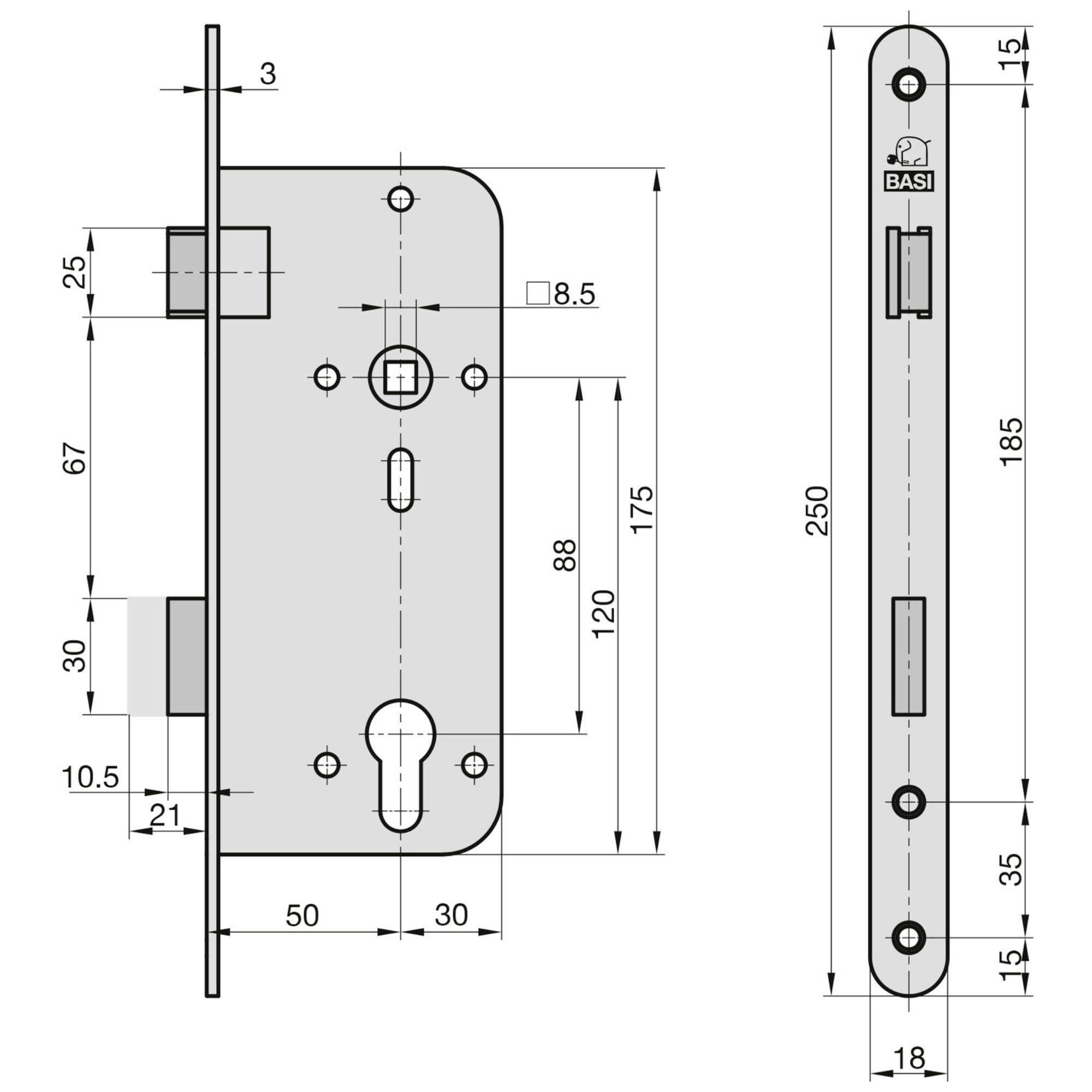 Obraz pokazuje techniczny diagram mechanizmu zamka drzwiowego z wymiarami w milimetrach, obejmujący wymiary do montażu i umieszczenia otworu na klucz.