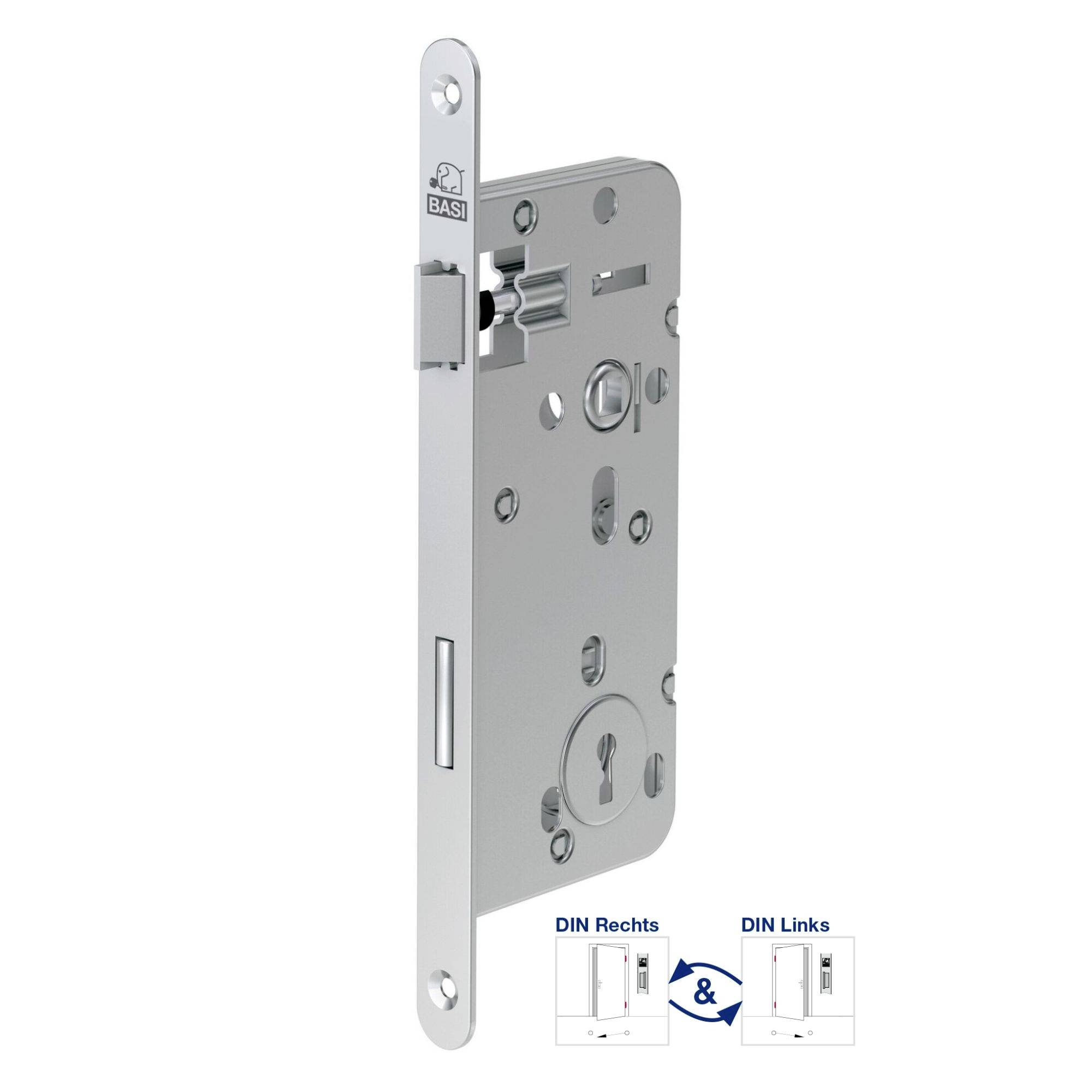 Zamek wkładany z metalu, odpowiedni dla drzwi DIN-prawo lub DIN-lewo. Mały obraz poglądowy pokazuje opcje montażu drzwi.