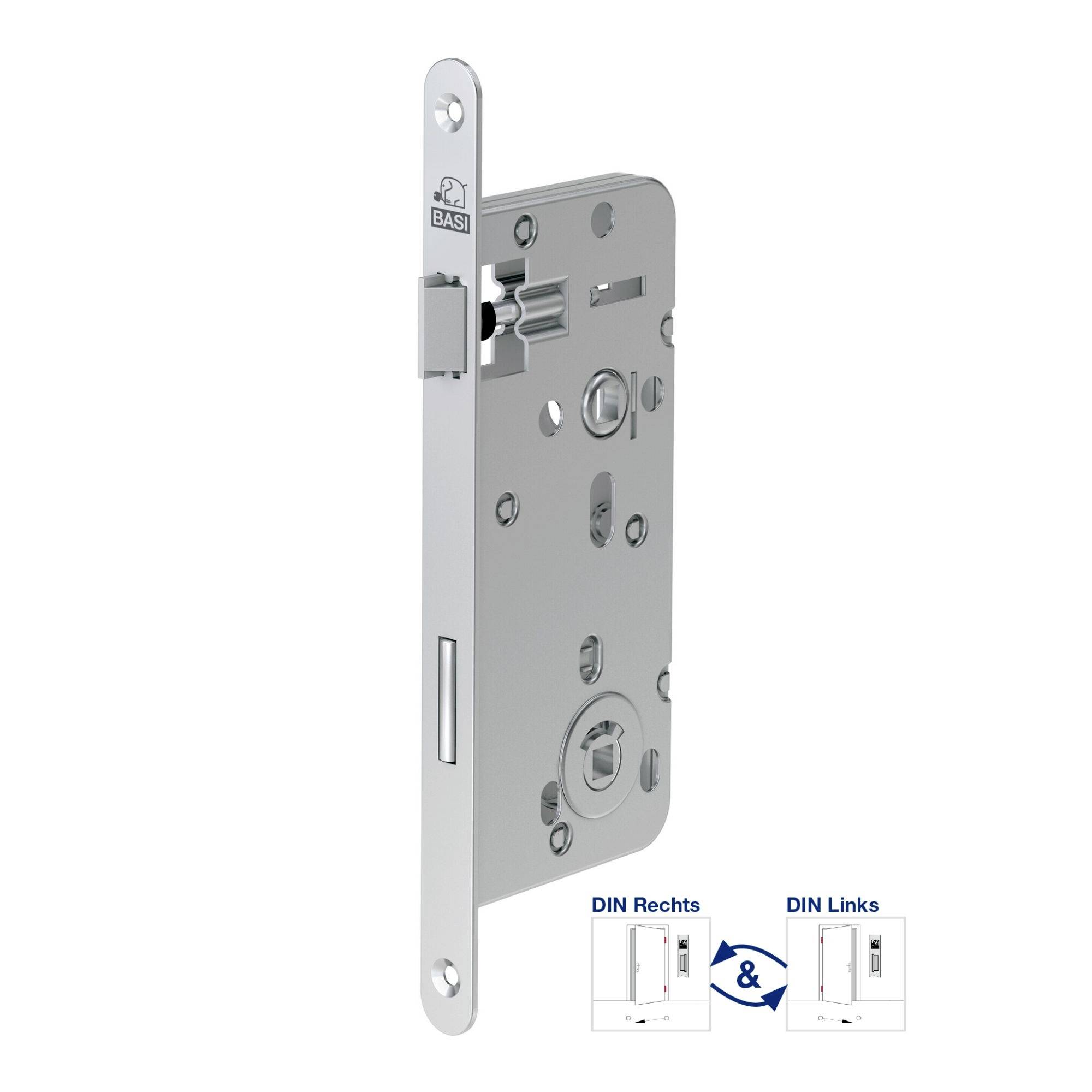 Metalowa skrzynka zamka do montażu na drzwiach, kompatybilna z drzwiami DIN-prawe i DIN-lewe. Ilustracja pokazuje kierunki do montażu.