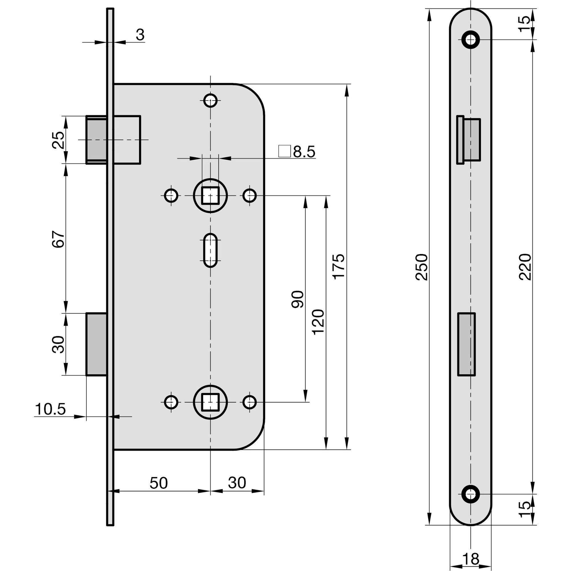Rysunek techniczny mechanizmu zamka z szczegółowymi wymiarami. Widok z boku: 250 x 15 mm. Widok z przodu: płyta 90 x 120 mm, korpus główny 67 mm.