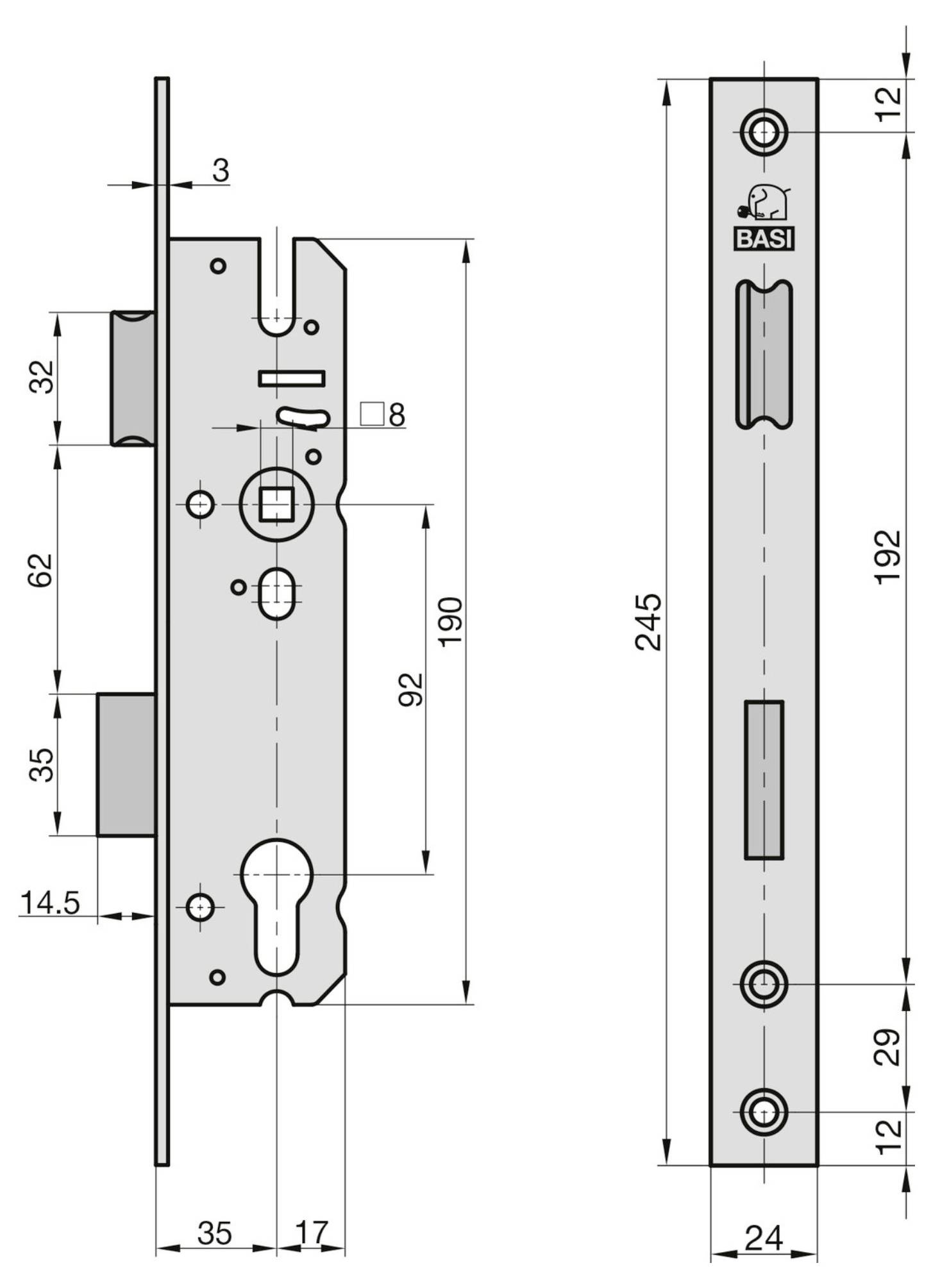 Diagram drzwi mechanizmu zamka z oznaczonymi wymiarami. Dwa widoki: z boku i od przodu. Zaznaczone są lokalizacje otworu na klucz, zatrzasku i zasuwki.