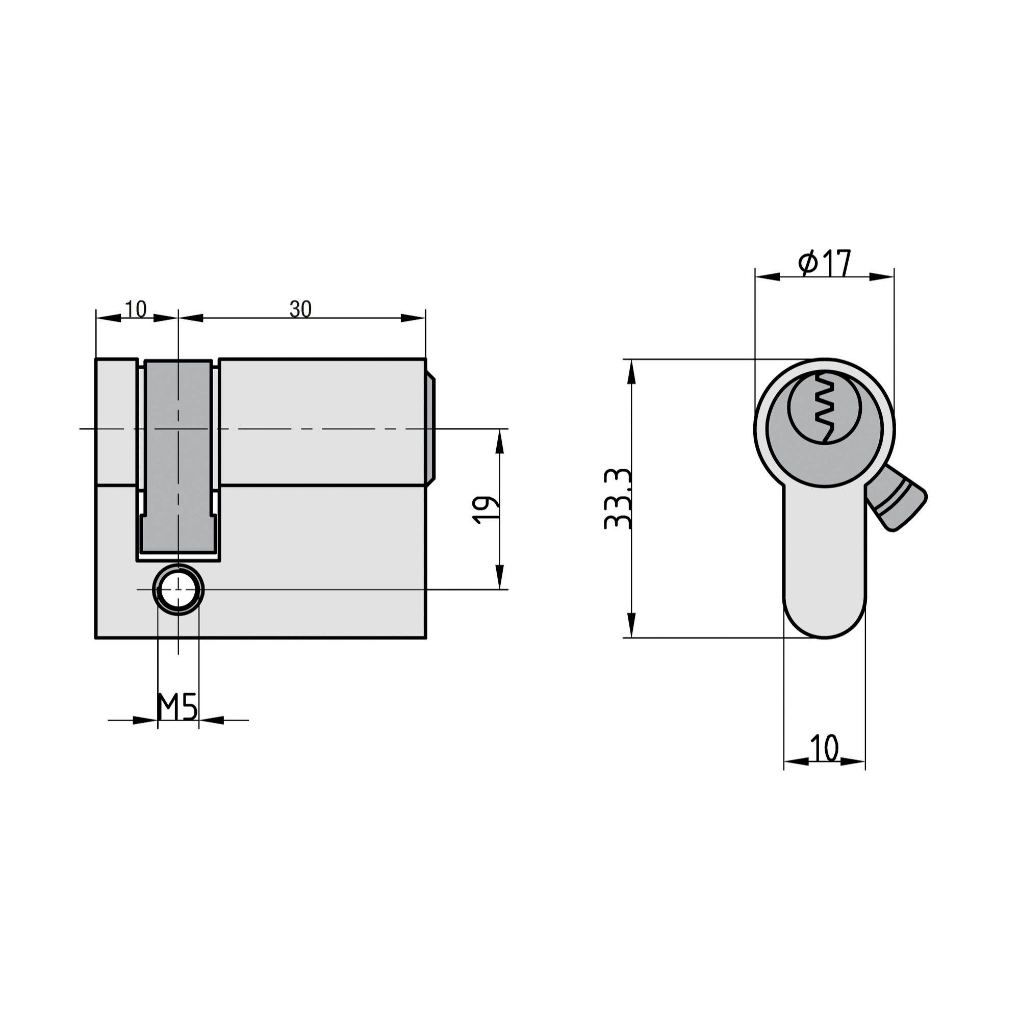 Rysunek techniczny wkładki cylindrycznej z wymiarami: całkowita szerokość 30 mm, całkowita wysokość 33,3 mm, gwint M5, średnica 17 mm.