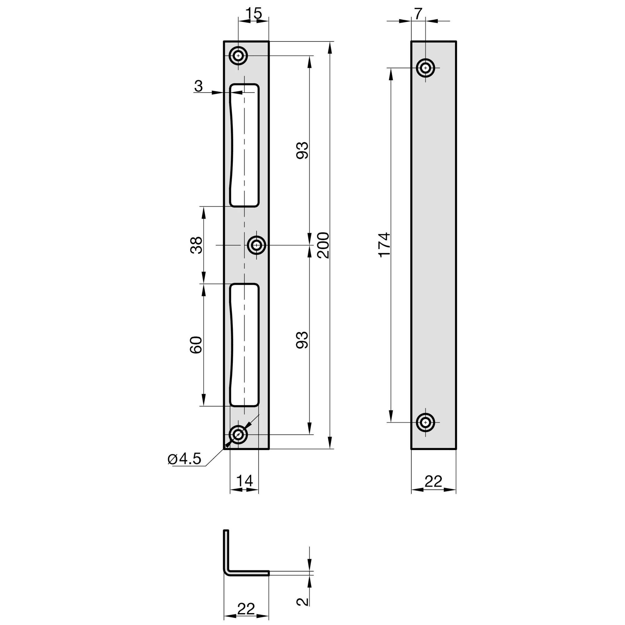 Rysunek techniczny metalowego kątownika z dokładnymi wymiarami w milimetrach. Zawiera długości, szerokości oraz rozstaw otworów.