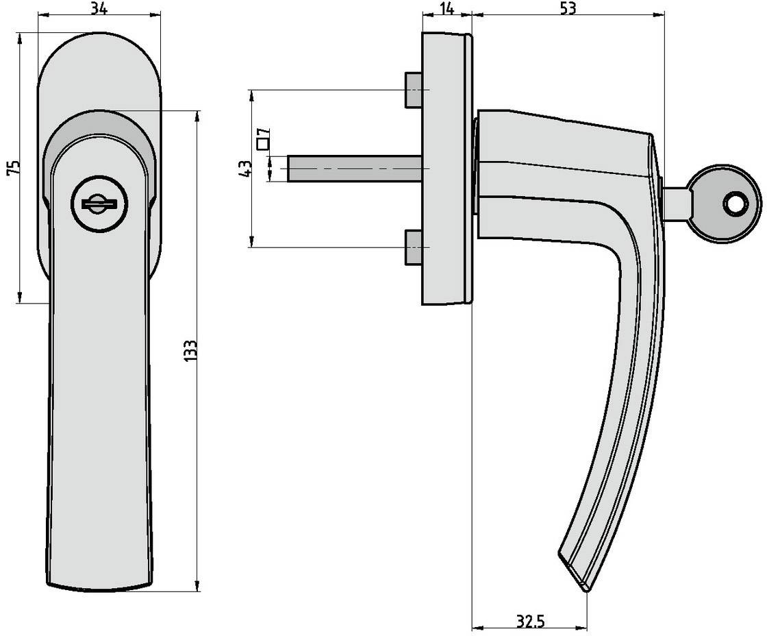 Rysunek techniczny klamki okiennej z wymiarami. Przedstawia widok z przodu i z boku klamki, włączając w to długość i szerokość poszczególnych elementów.