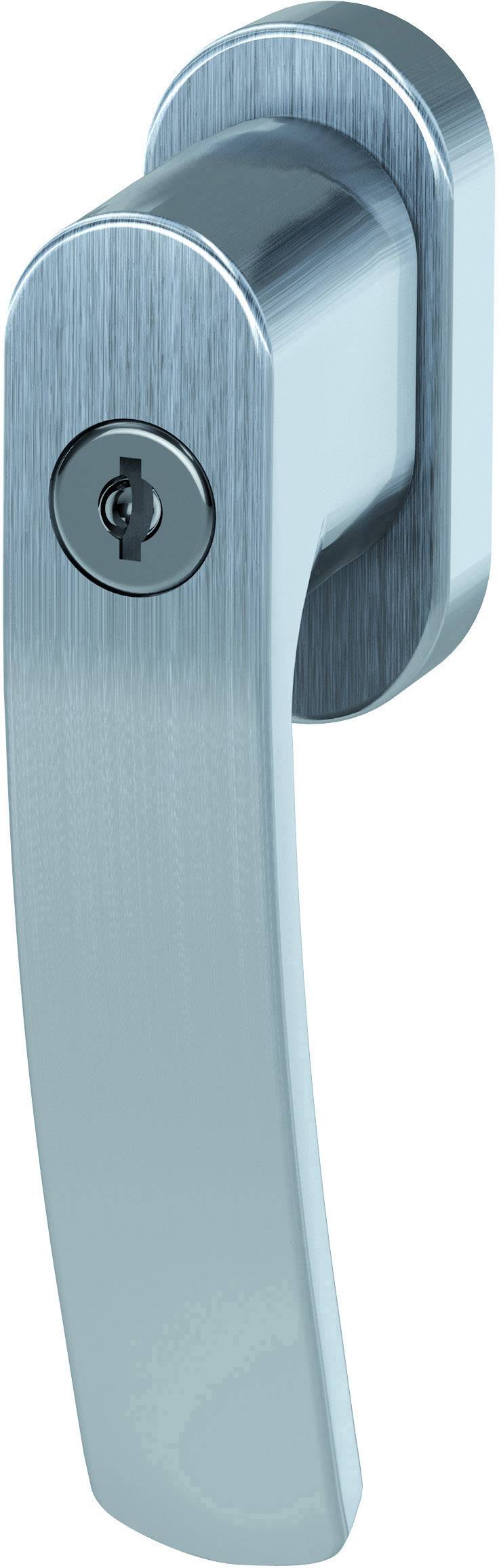 Srebrna klamka z dziurką od klucza, zamontowana na powierzchni przypominającej drzwi. Uchwyt jest ustawiony pionowo.