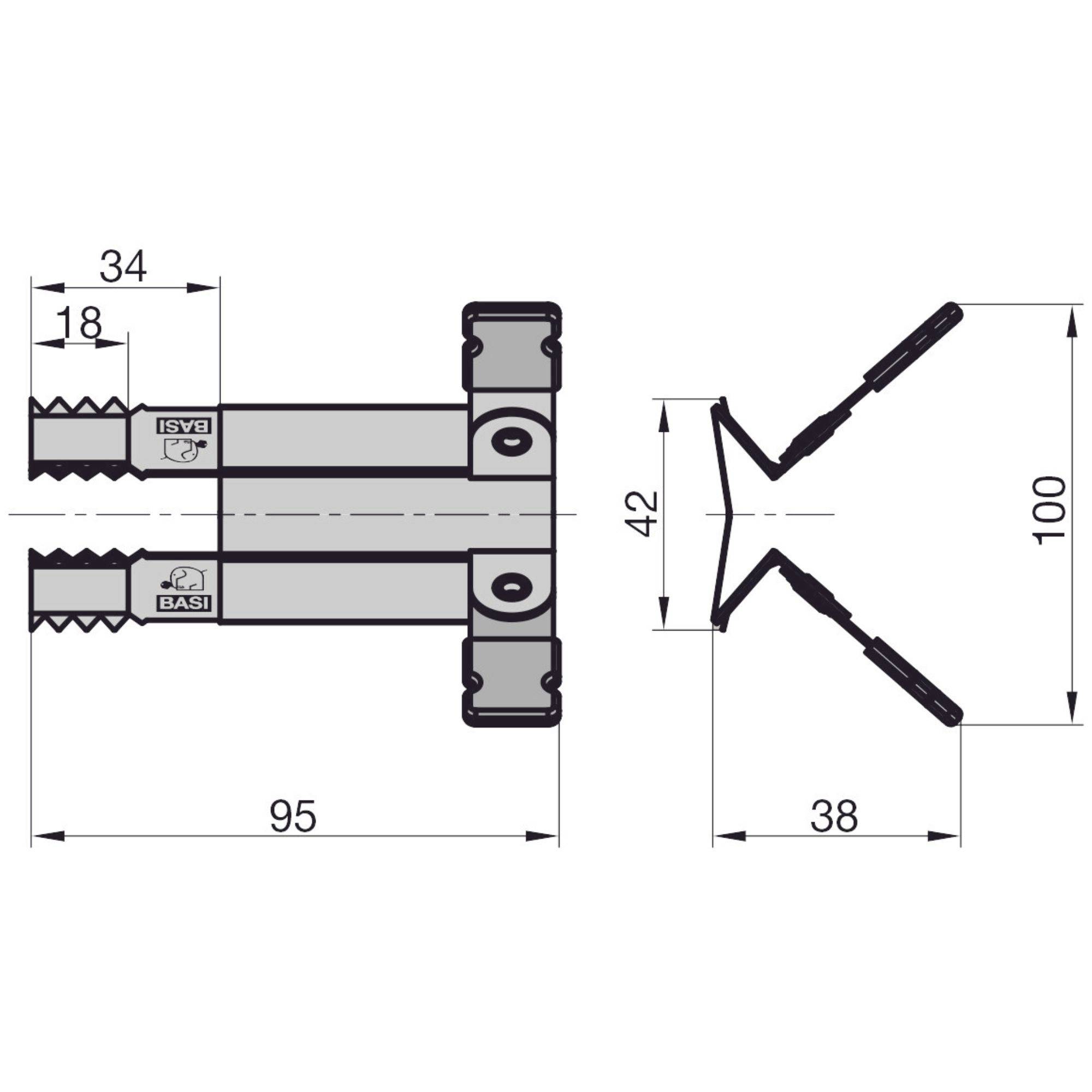 Diagram techniczny zatrzasku zawiasy składanej z wymiarami: szerokość uchwytu 95mm, wysokość 100mm, główne części opisane.