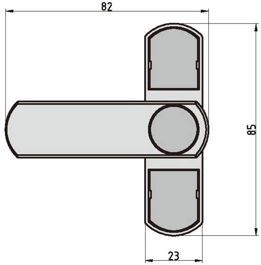 Rysunek techniczny okucia drzwiowego z wymiarami: długość 82 mm, szerokość 85 mm, grubość uchwytu 23 mm. Widok z góry przedstawiony powyżej.