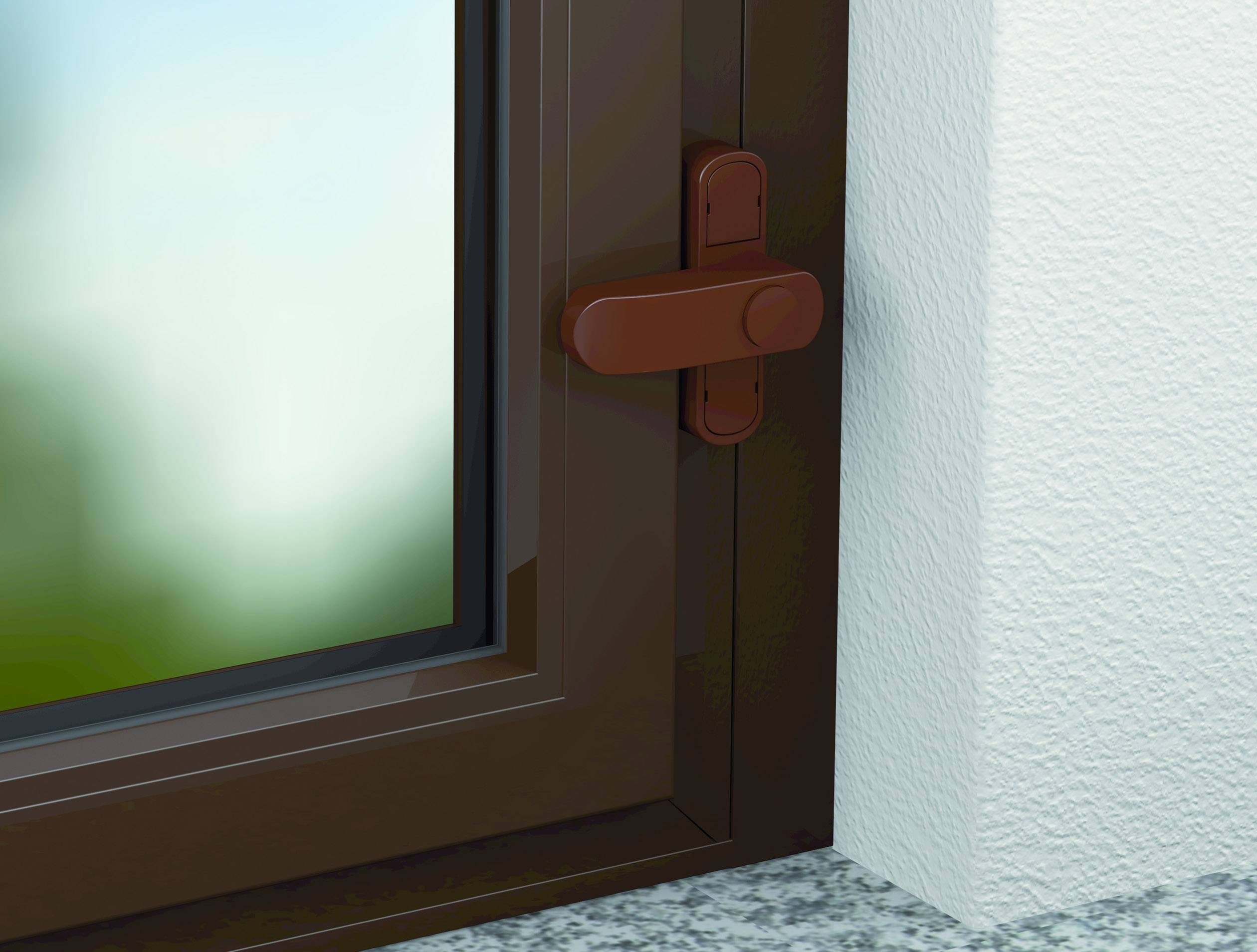Zamknięte, brązowe okno z zamkiem bezpieczeństwa. W tle niewyraźnie widoczna przyroda.