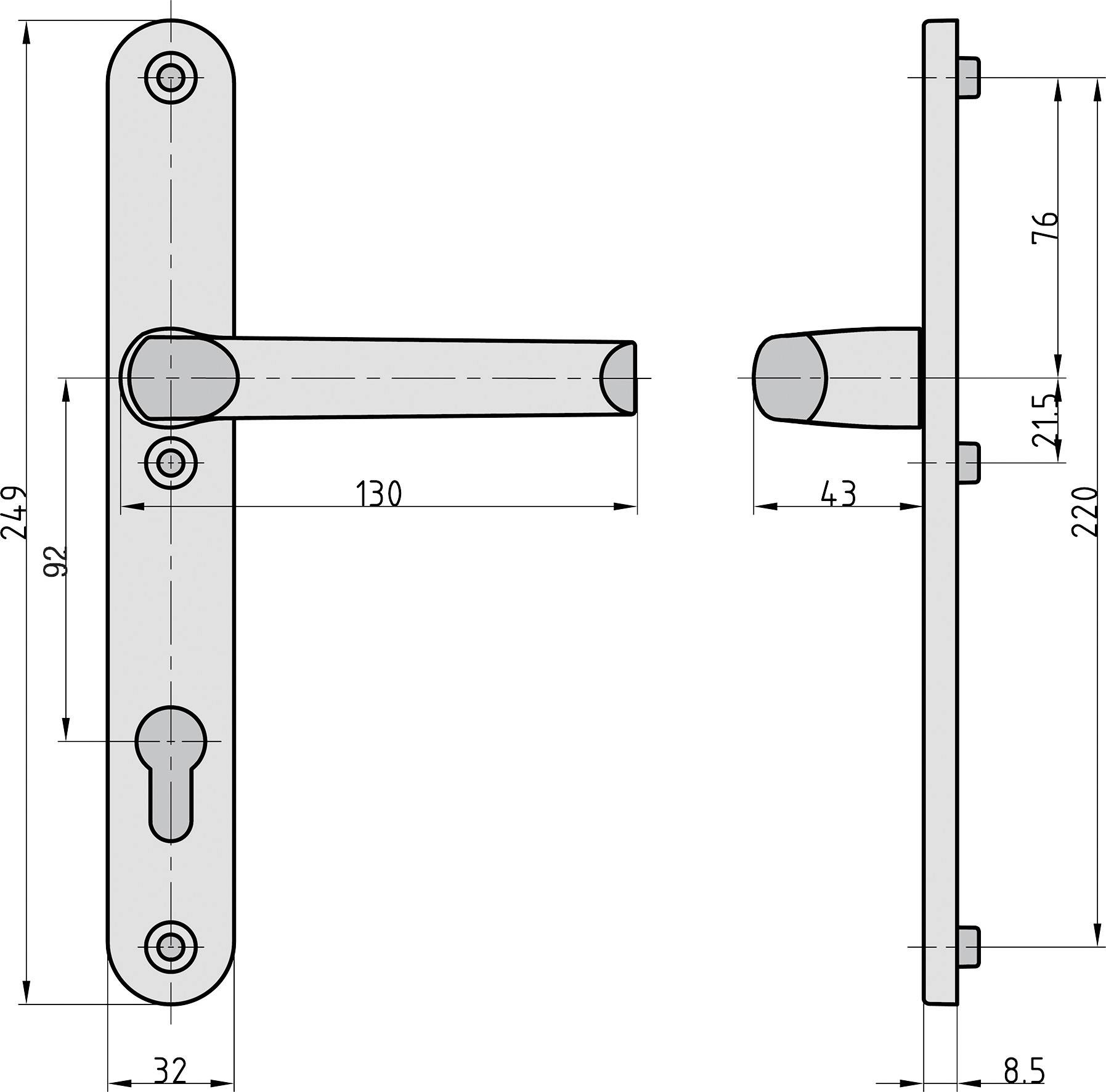 Rysunek techniczny kompletu klamek drzwiowych z wymiarami: długość płytki 249 mm, klamka 130 mm, odległość klamki od zamka 92 mm, grubość 8,5 mm.