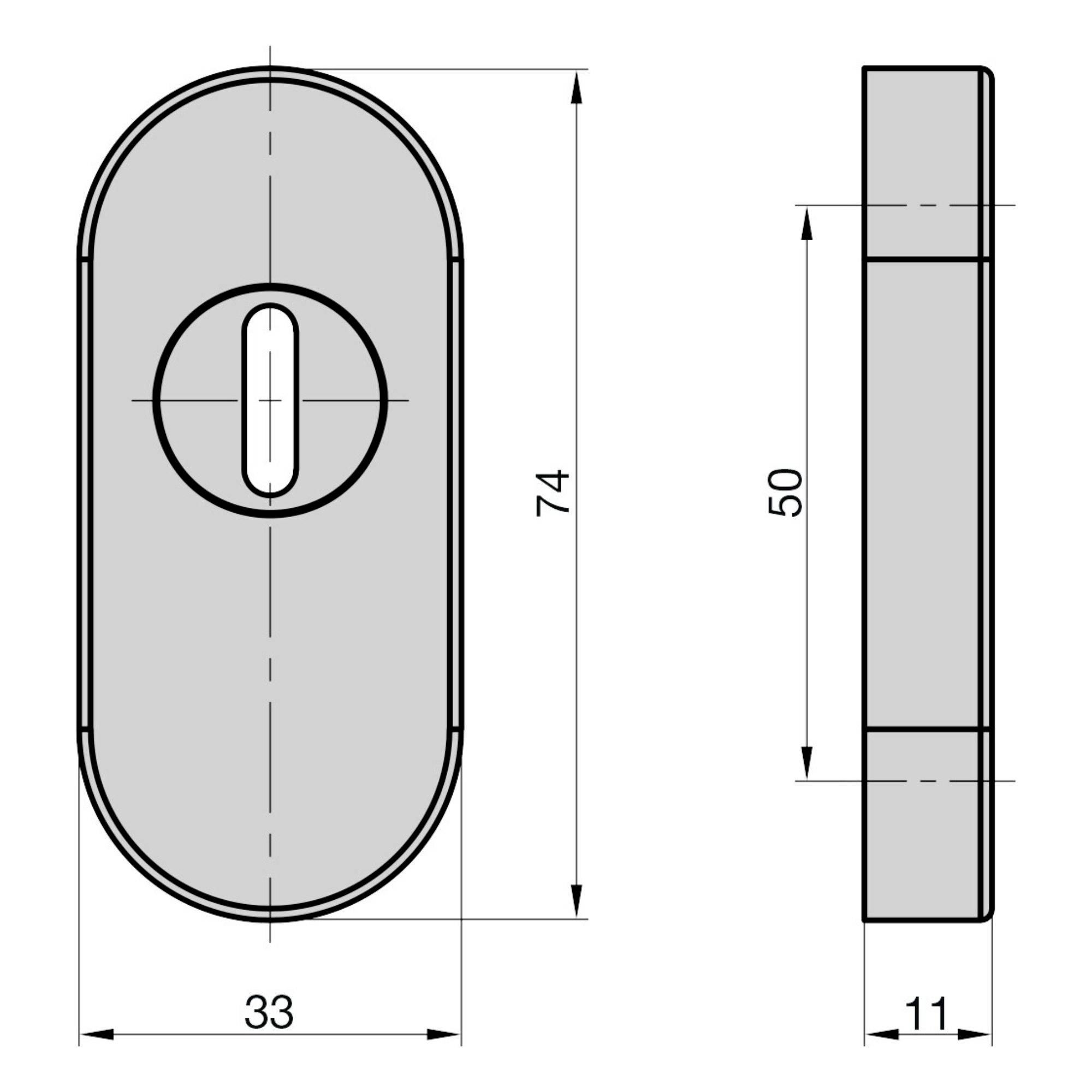 Rysunek techniczny owalnego elementu metalowego z wymiarami: 74 mm wysokości, 33 mm szerokości, 11 mm grubości. Przedstawiający widoki poziome i pionowe.
