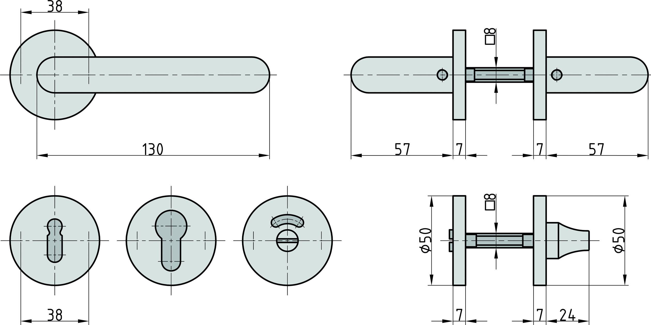 Rysunek techniczny klamki z wymiarami: długość 130 mm, średnica 38 mm, otwory i widok z boku z dokładnymi wymiarami.