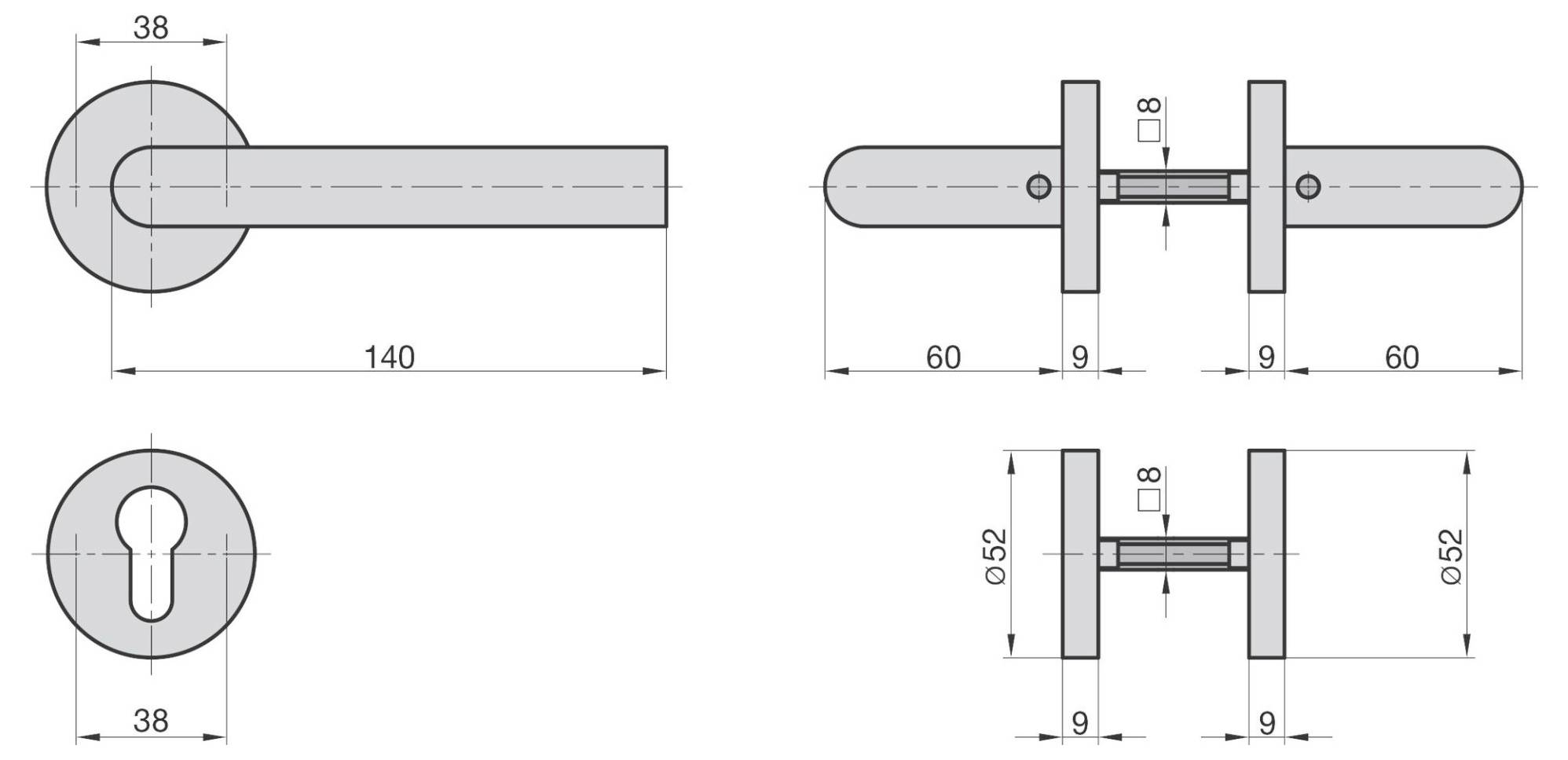 Rysunek techniczny zestawu klamek do drzwi z wymiarami: długość klamki 140mm, średnica 38mm, średnica otworu zamka 9mm.