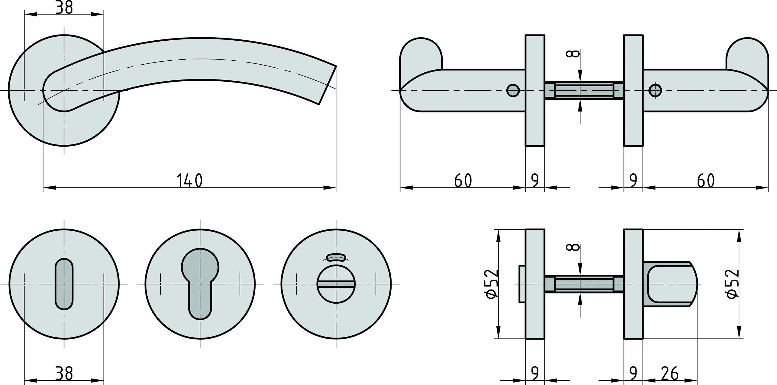 Rysunek techniczny klamki drzwiowej z wymiarami i rzutami. Pokazuje widok boczny, widok z przodu oraz szczegóły elementów mocujących.